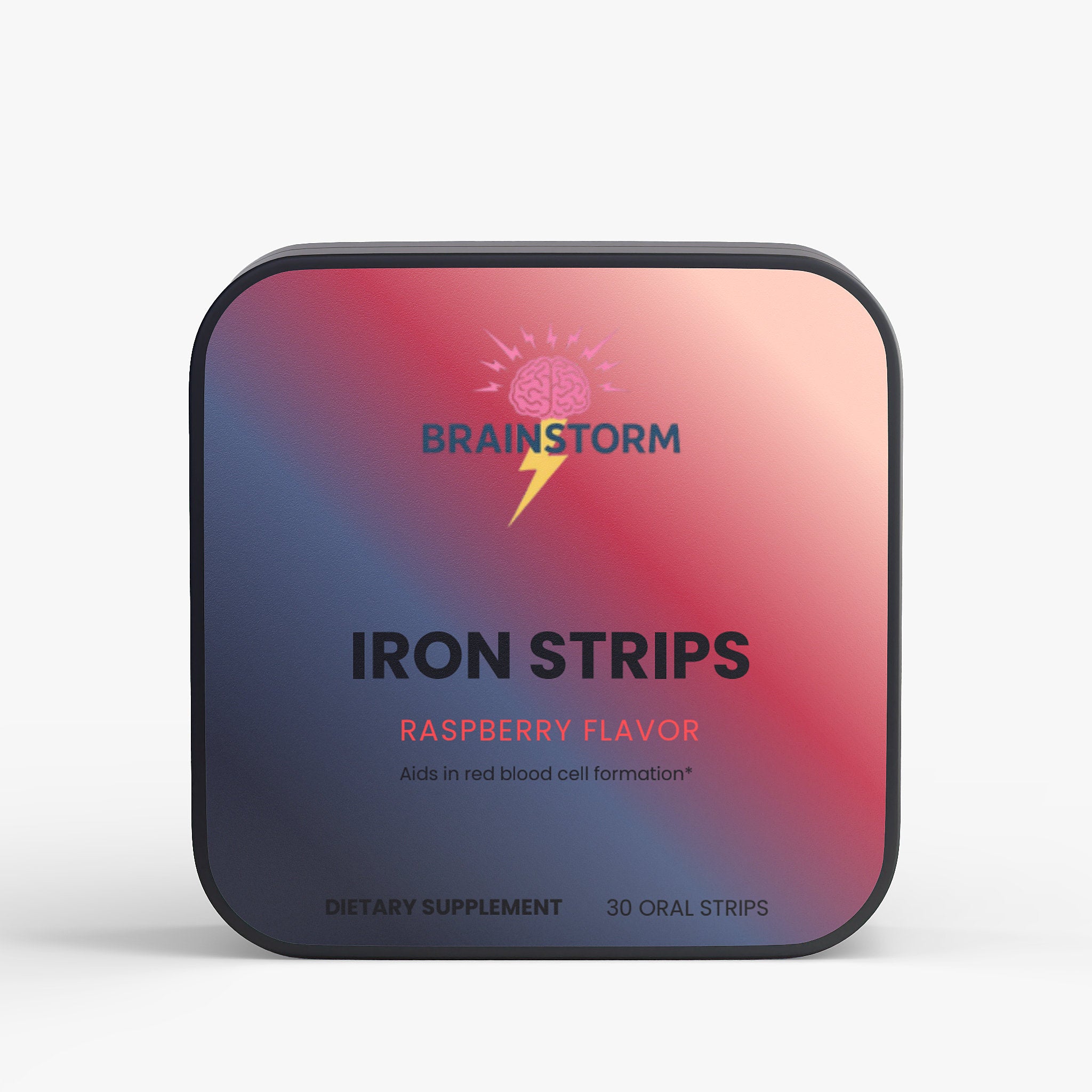 Packaging of Brainstorm Iron Strips with a gradient design with 'aids in red blood cell formation' on a white background