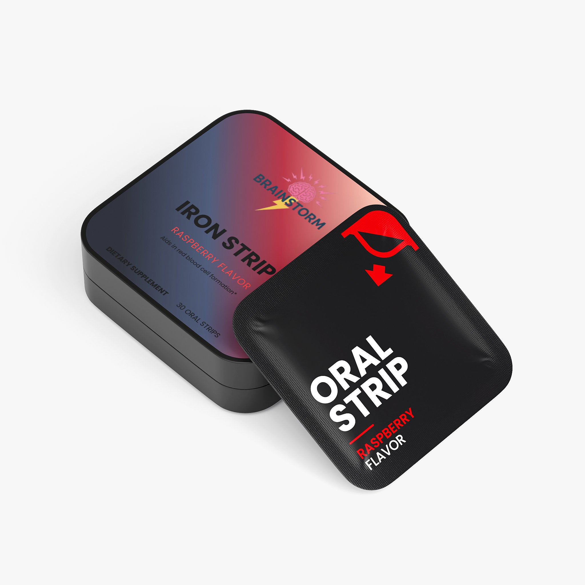 Two black containers of Brainstorm Iron strips with raspberry flavor 'Oral Strip' text on a white background