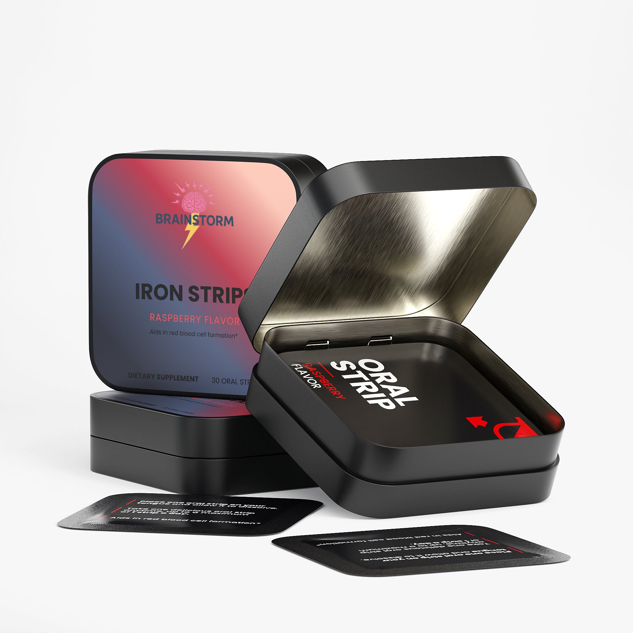 Black container with 'Iron Strip' oral strips raspberry flavor packaging on a white background