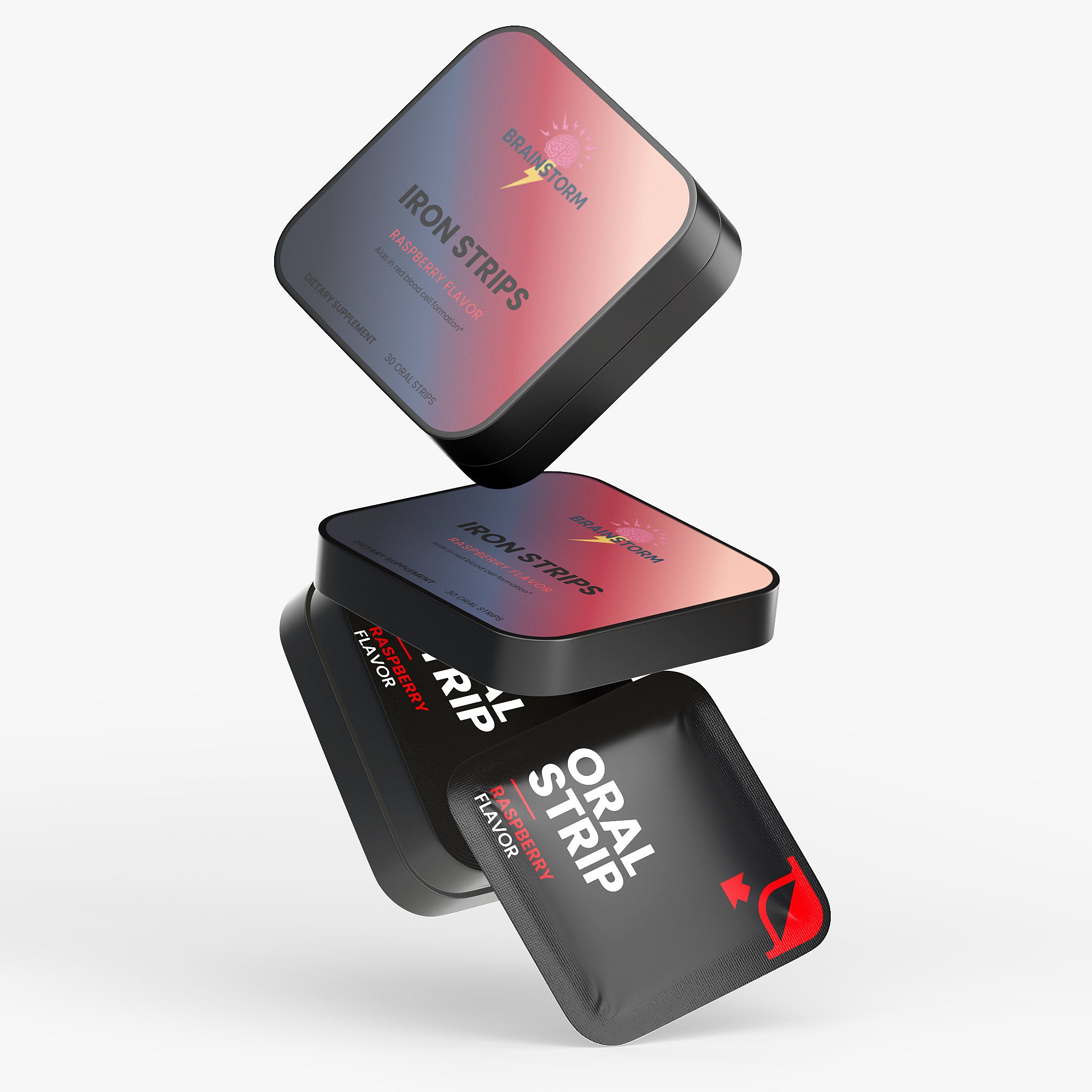 Three black containers labeled 'Iron Strips' with Raspberry flabored oral strips on a white background