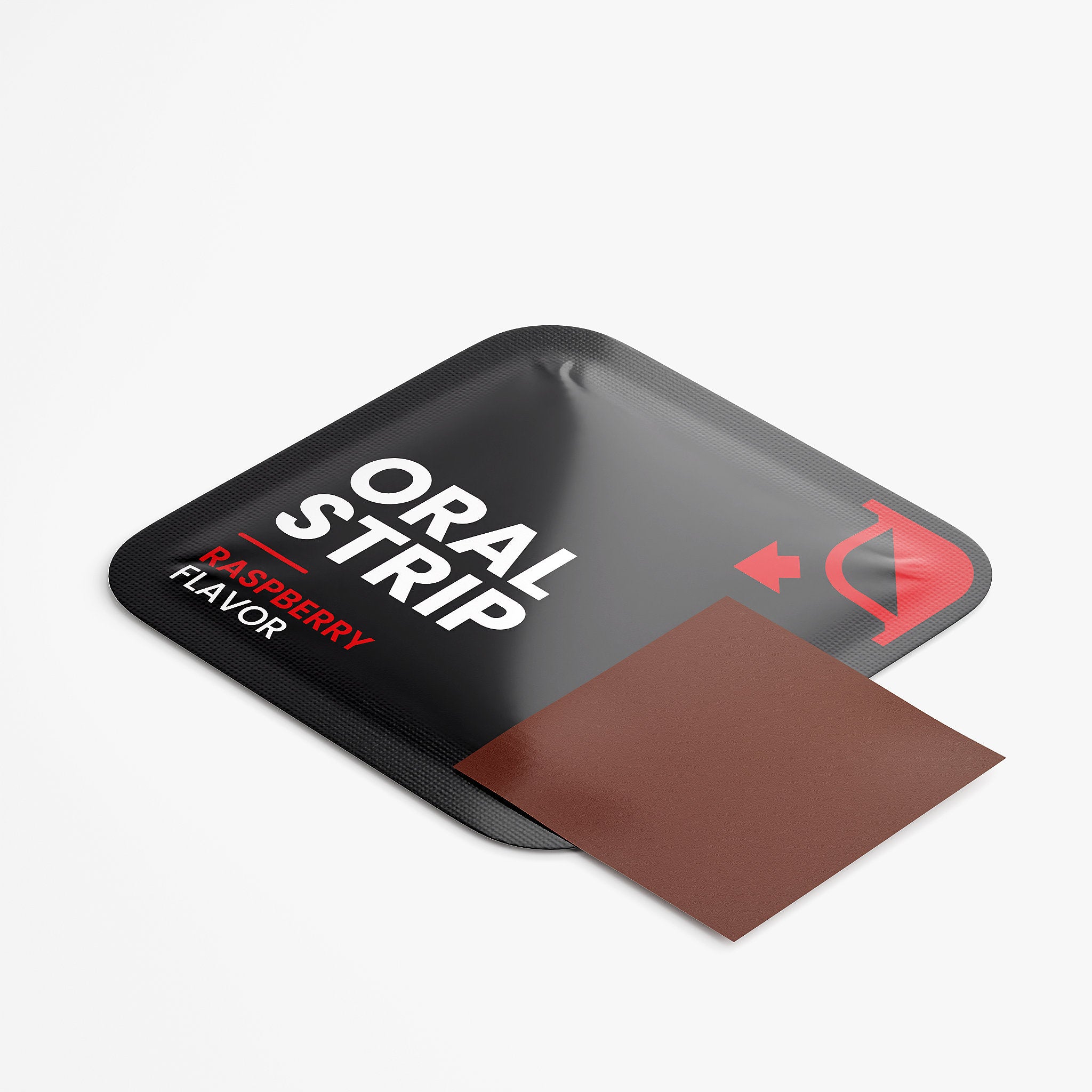 Brown oral strip with 'Rasberry Flavor Oral Strip' packaging on a white background