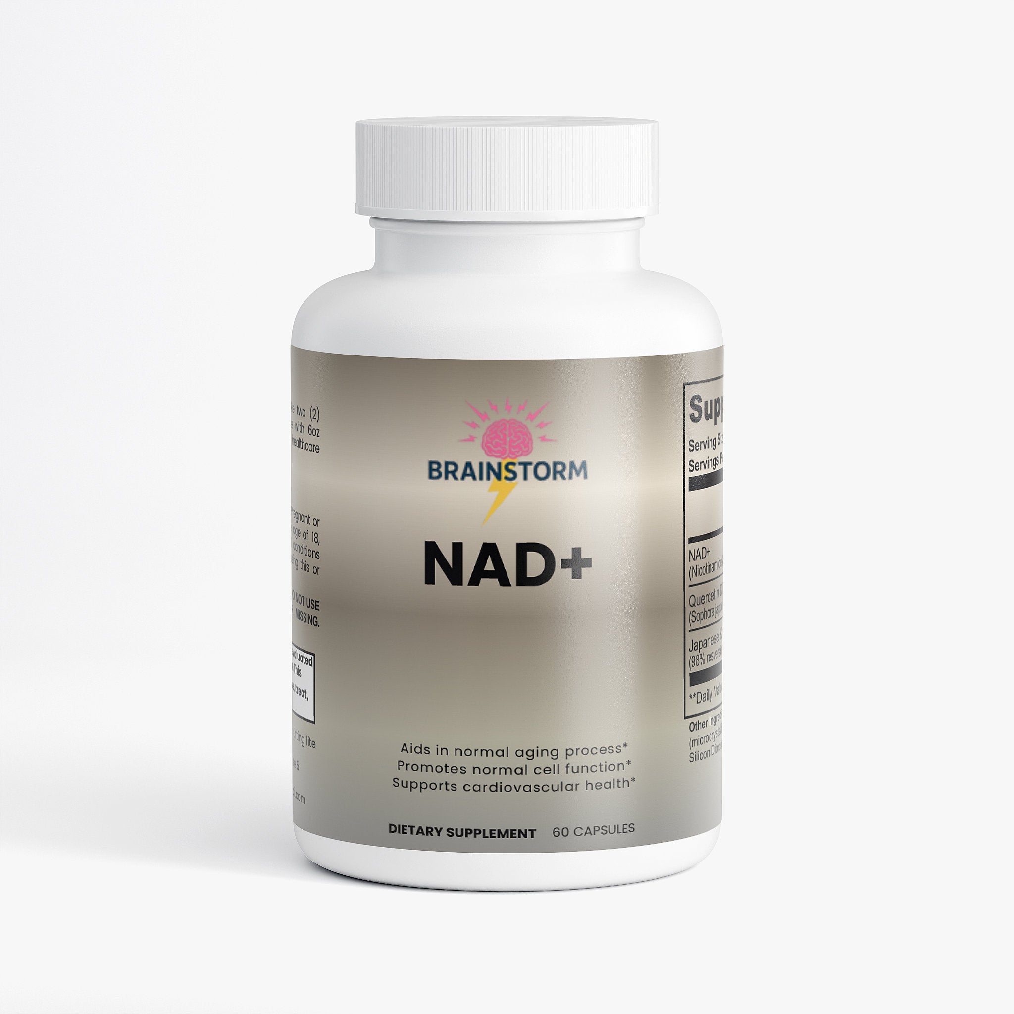 Supplement bottle labeled 'NAD+' by Brainstorm on a white background