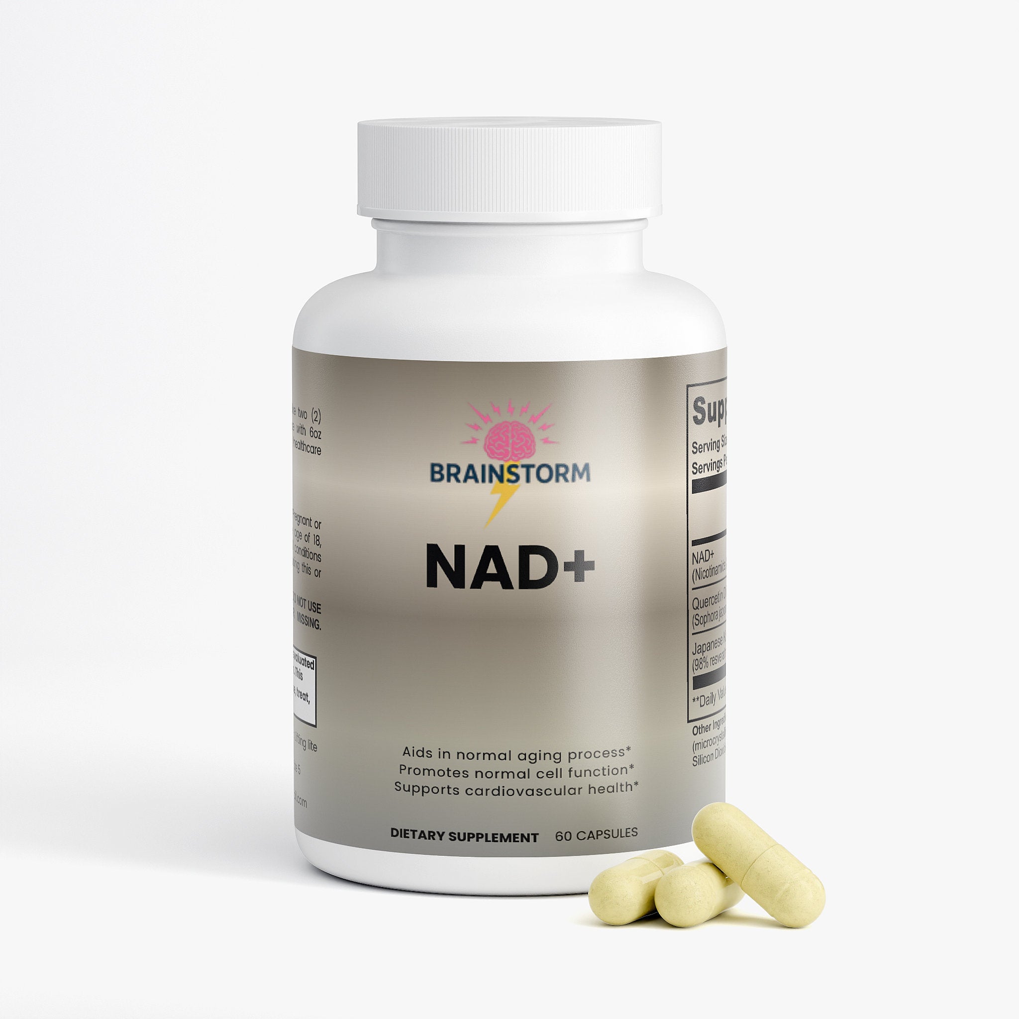 Supplement bottle labeled 'NAD+' by Brainstorm with capsules right next to bottle on a white background