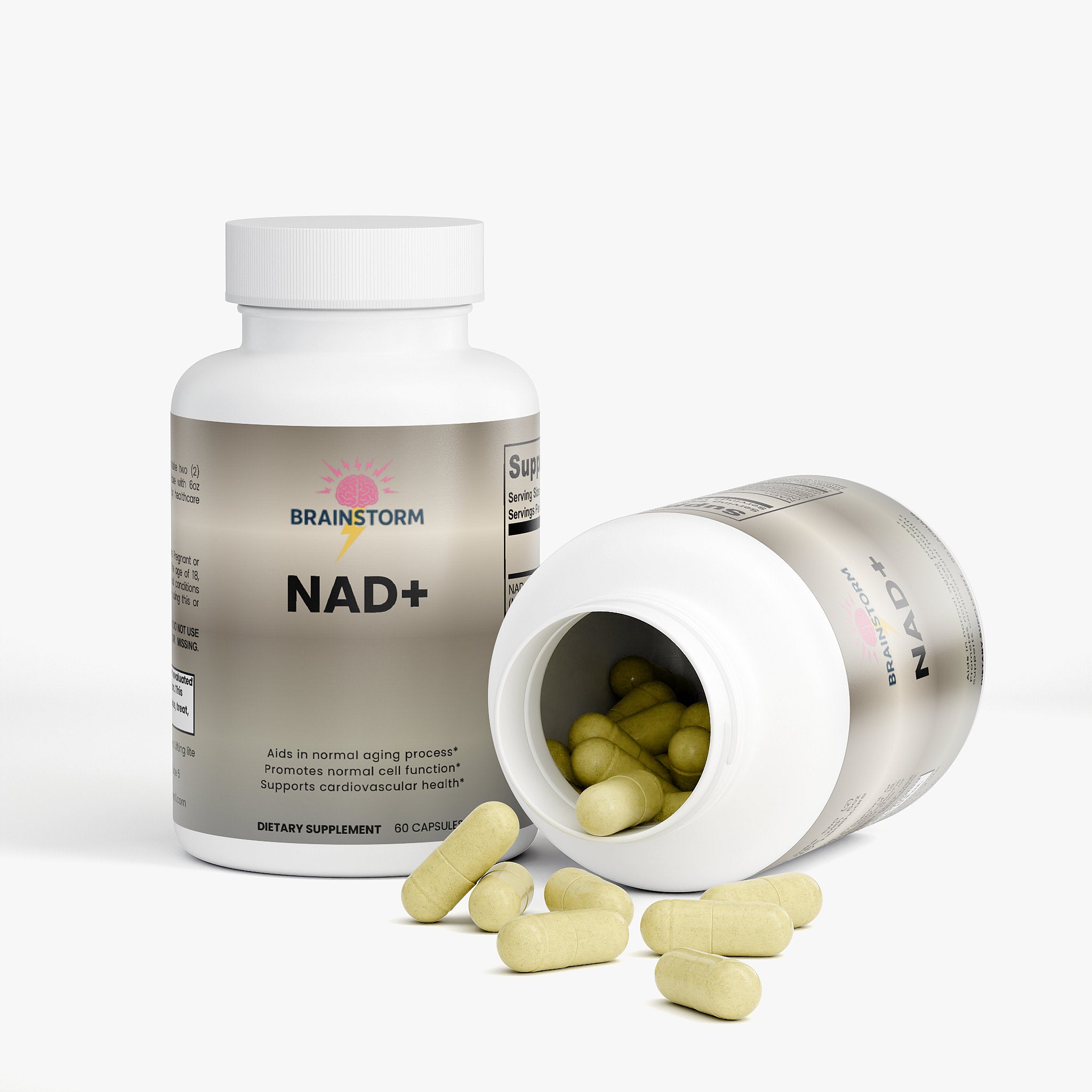 Supplement bottle labeled 'NAD+' with open cap showing capsules on a white background