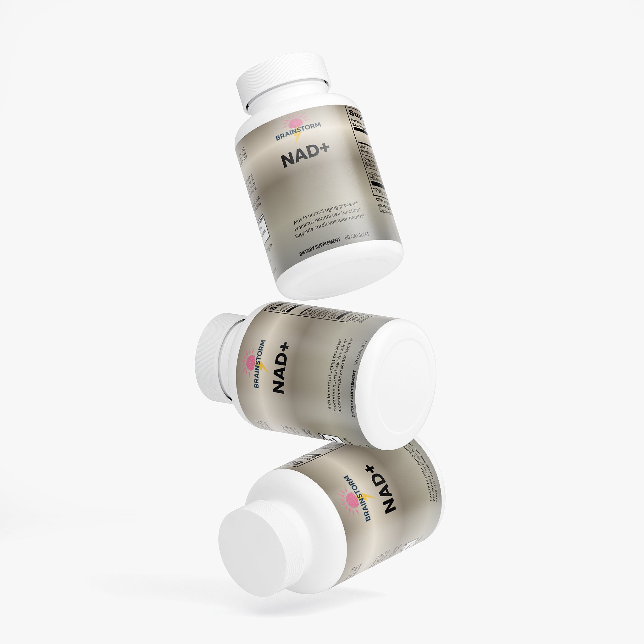 Three bottles Brainstorm Nootropics NAD+ supplement stacked ontop of eachother on a white background