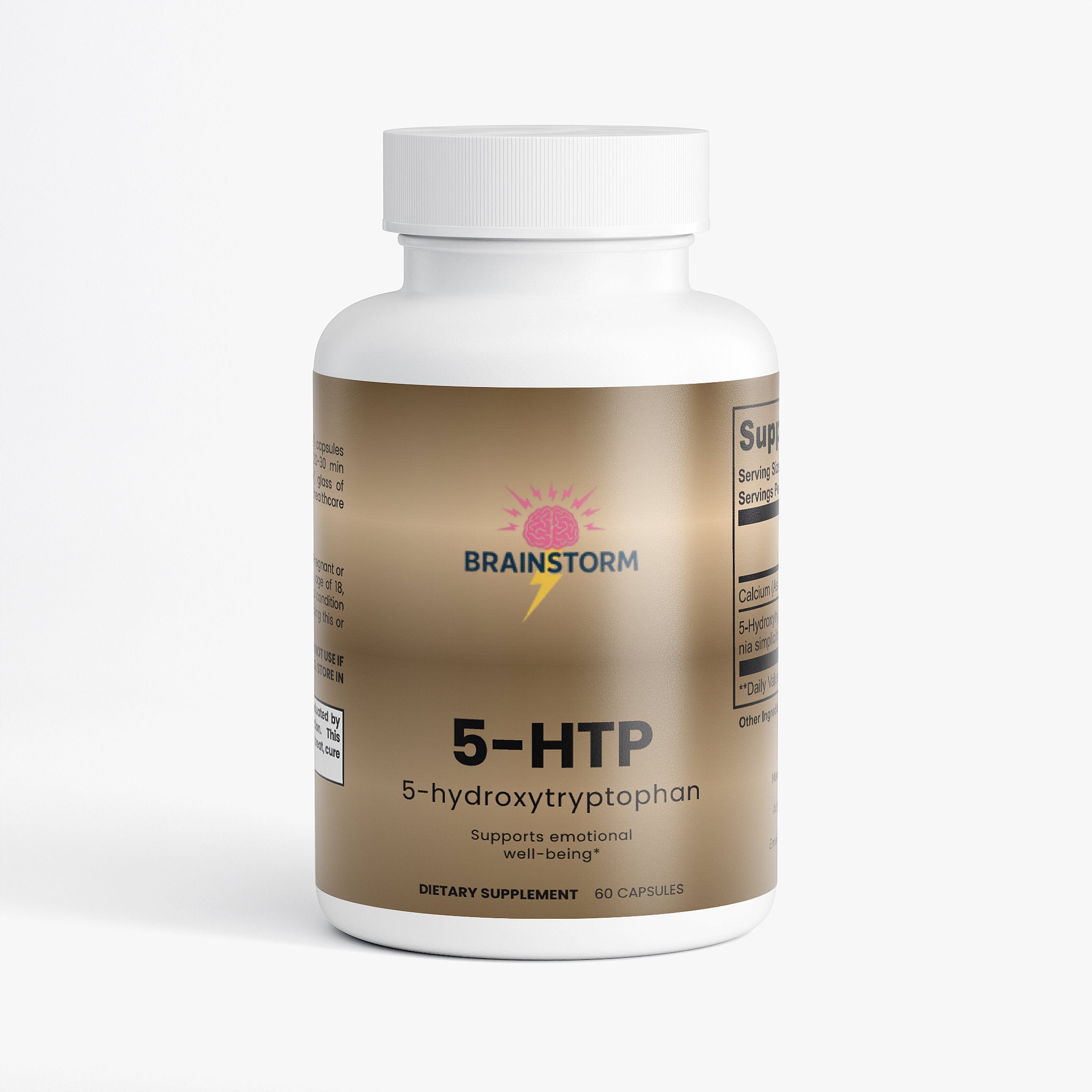 Supplement bottle labeled '5-HTP' by Brainstorm with'supports emerional well-being' and 5-hydroxytryptophan on a white background