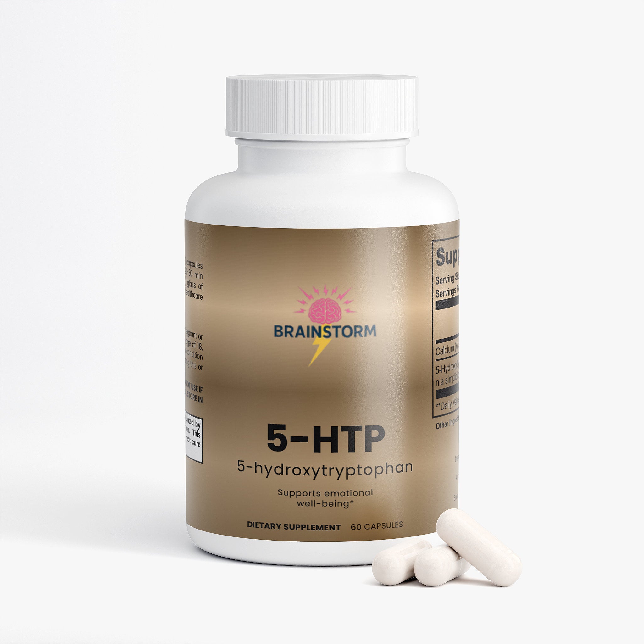 Supplement bottle labeled 'Brainstorm 5-HTP' with capsules with 'Supports Emotional well-being' and 5-HTP capsules on the side on a white background