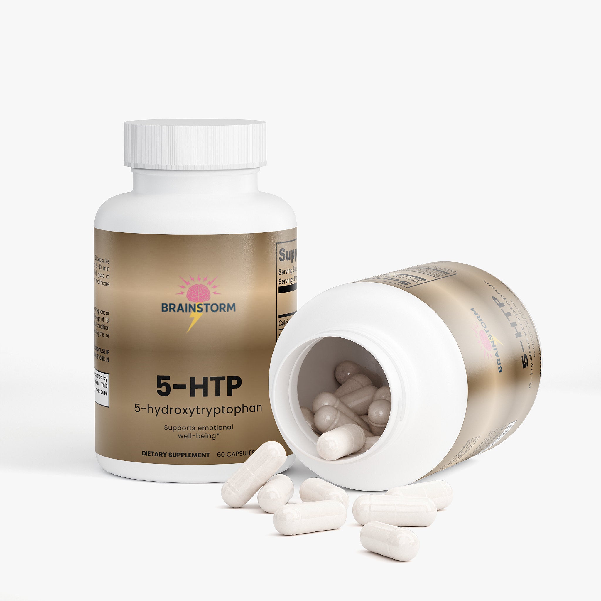 Two Supplement bottles labeled '5-HTP' one tipped over with capsules falling out on a white background