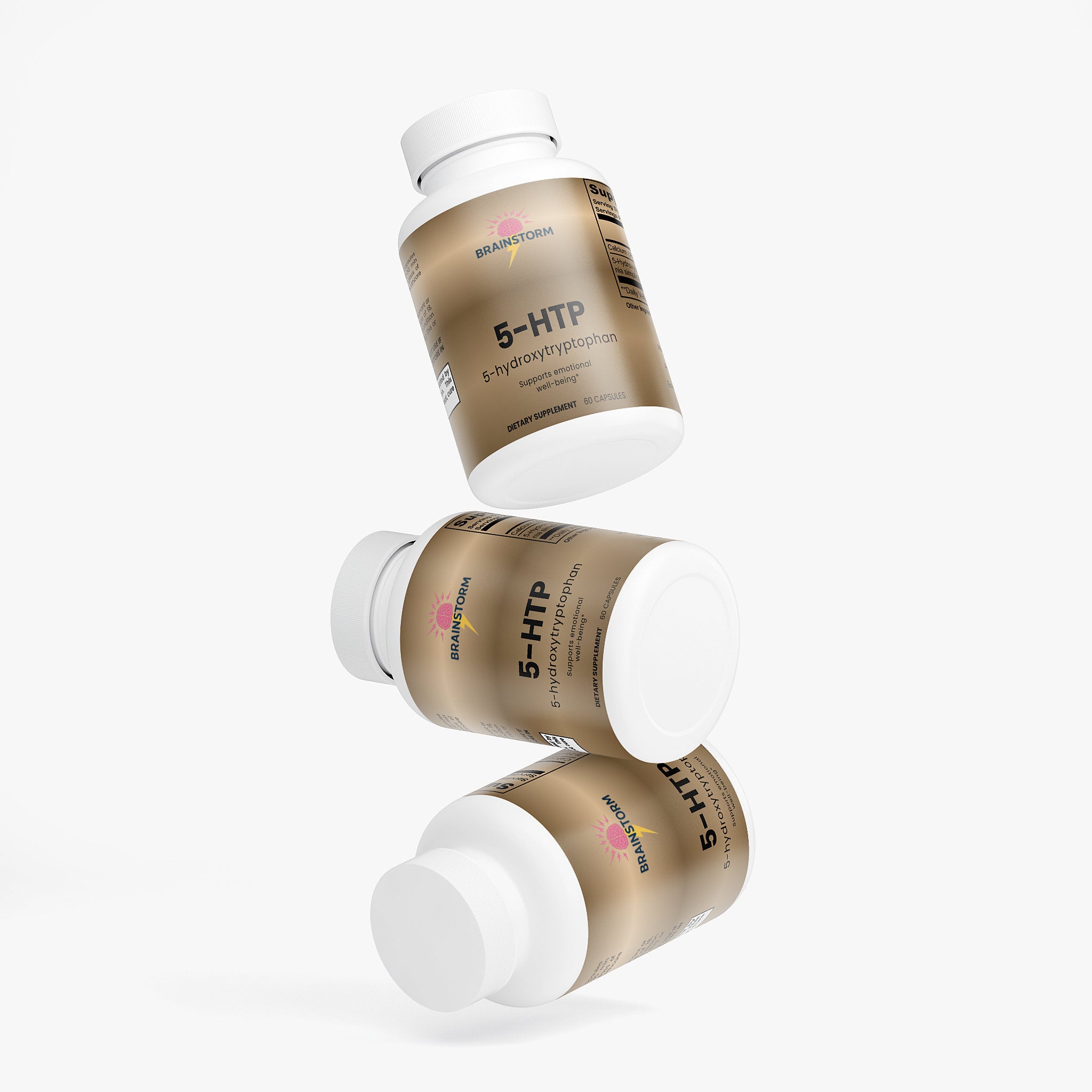 Three bottles of 5-HTP brainstorm supplement on a white background