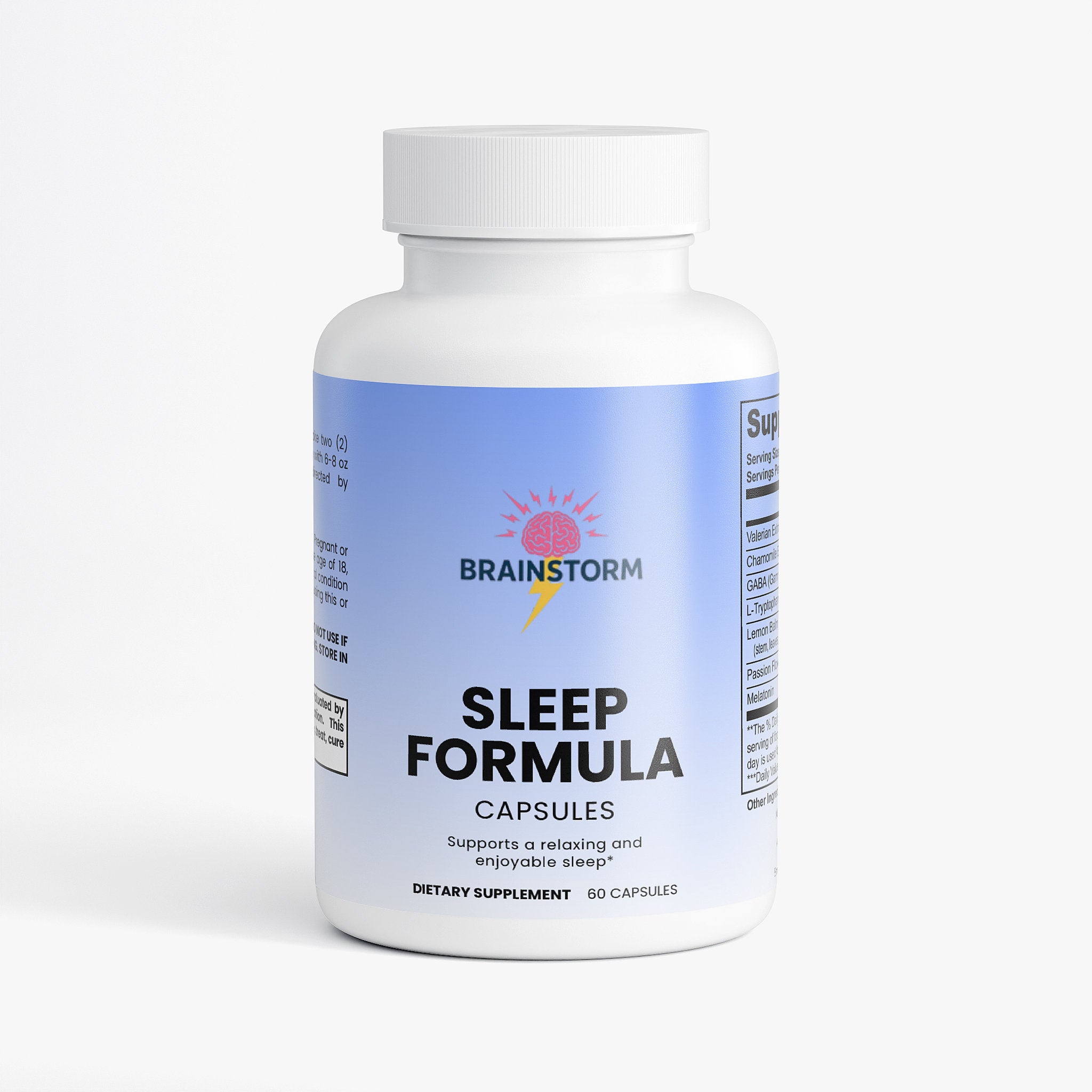 Sleep formula capsules bottle with 'Brainstorm' branding with 'supports a relaxing and enjoyable sleep' on a white background 60 capsules