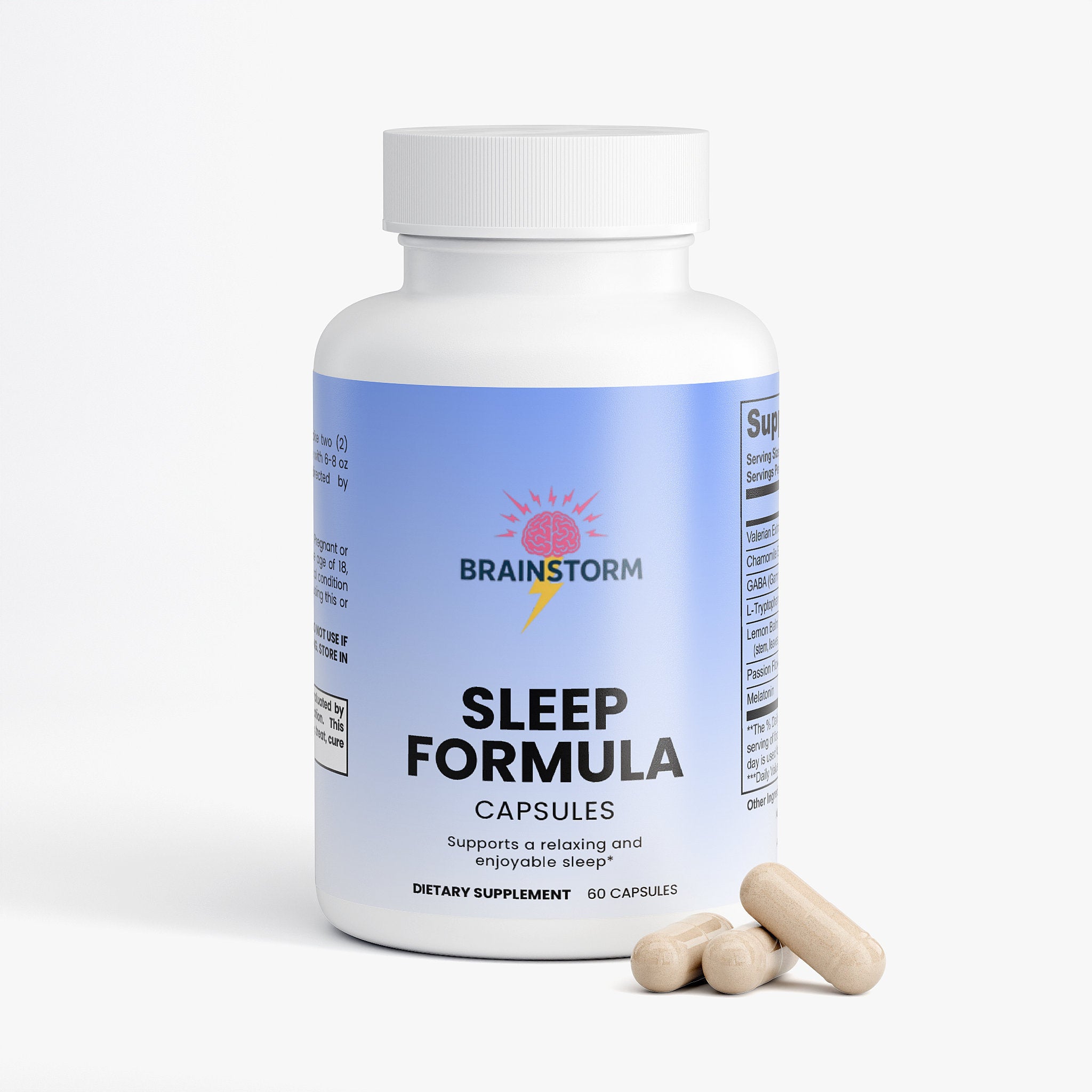 Bottle of Brainstorm Sleep Formula with capsules on the side on a white background