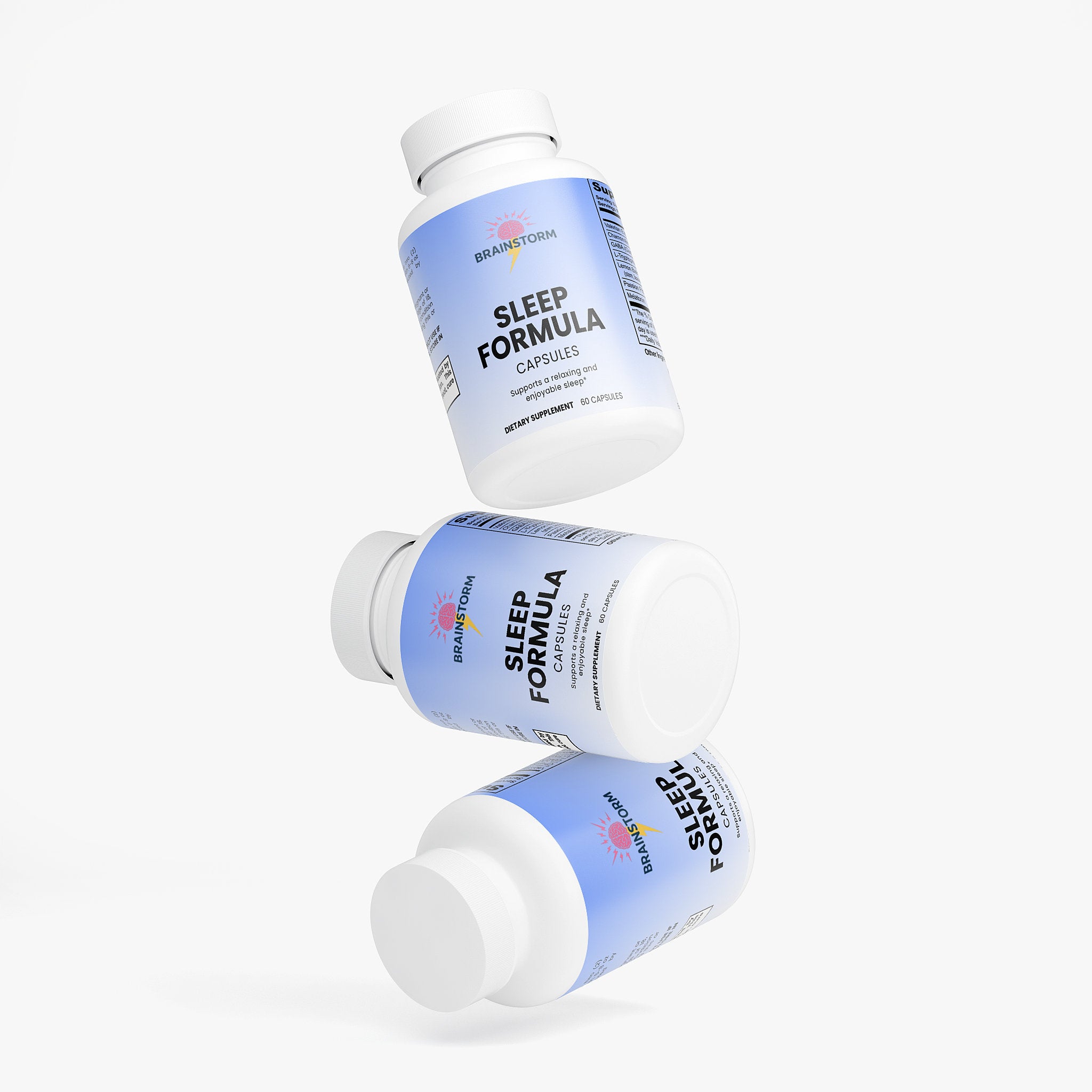Three bottles of Brainstorm Sleep Formula capsules on a white background