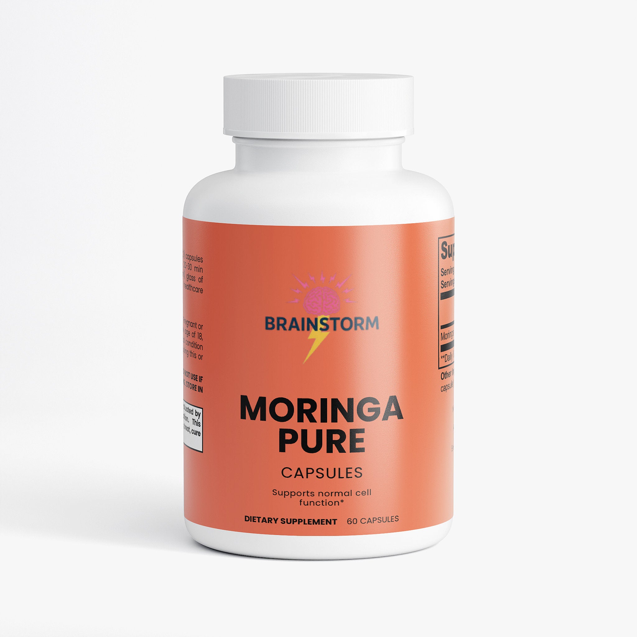 Bottle of Moringa Pure capsules by Brainstorm with 'support normal cell function' on a white background