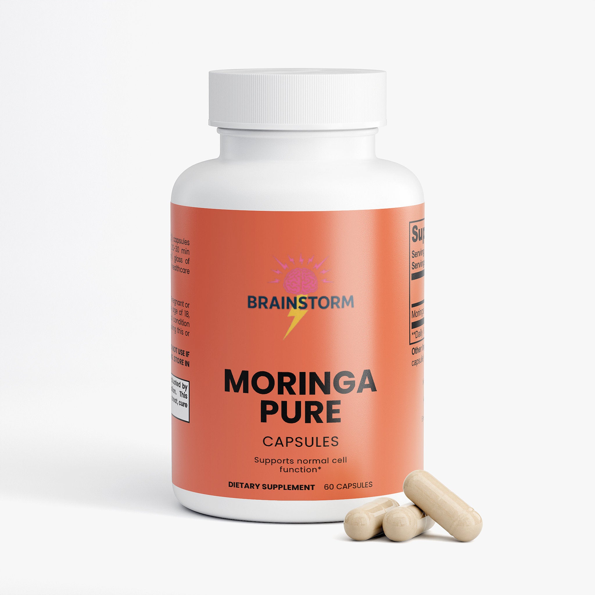 Bottle of Brainstorm Moringa Pure with capsules on a white background
