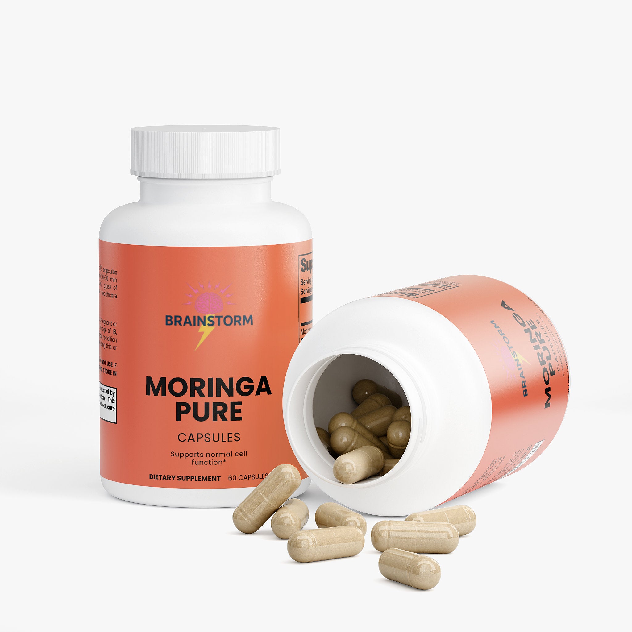 Moringa Pure capsules with open bottle on a white background