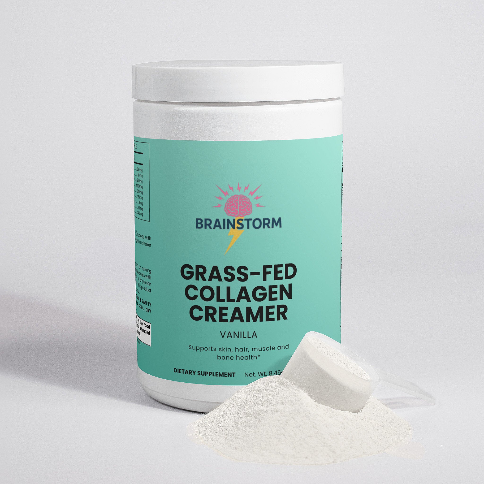 Container of Vanilla Flavor Grass-Fed Collagen Creamer with 'Brainstorm' branding and 'supports skin, hair, muscle and bone health' with a scoop of white powder on the side on a white background