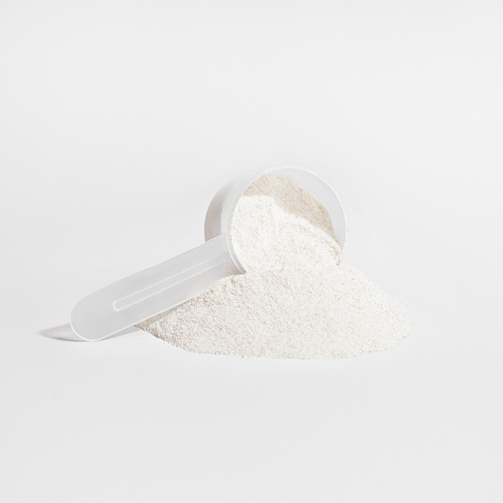 A scoop of Brainstorm White Grass fed Collagen Creamer powder in a clear plastic scoop on a light gray background
