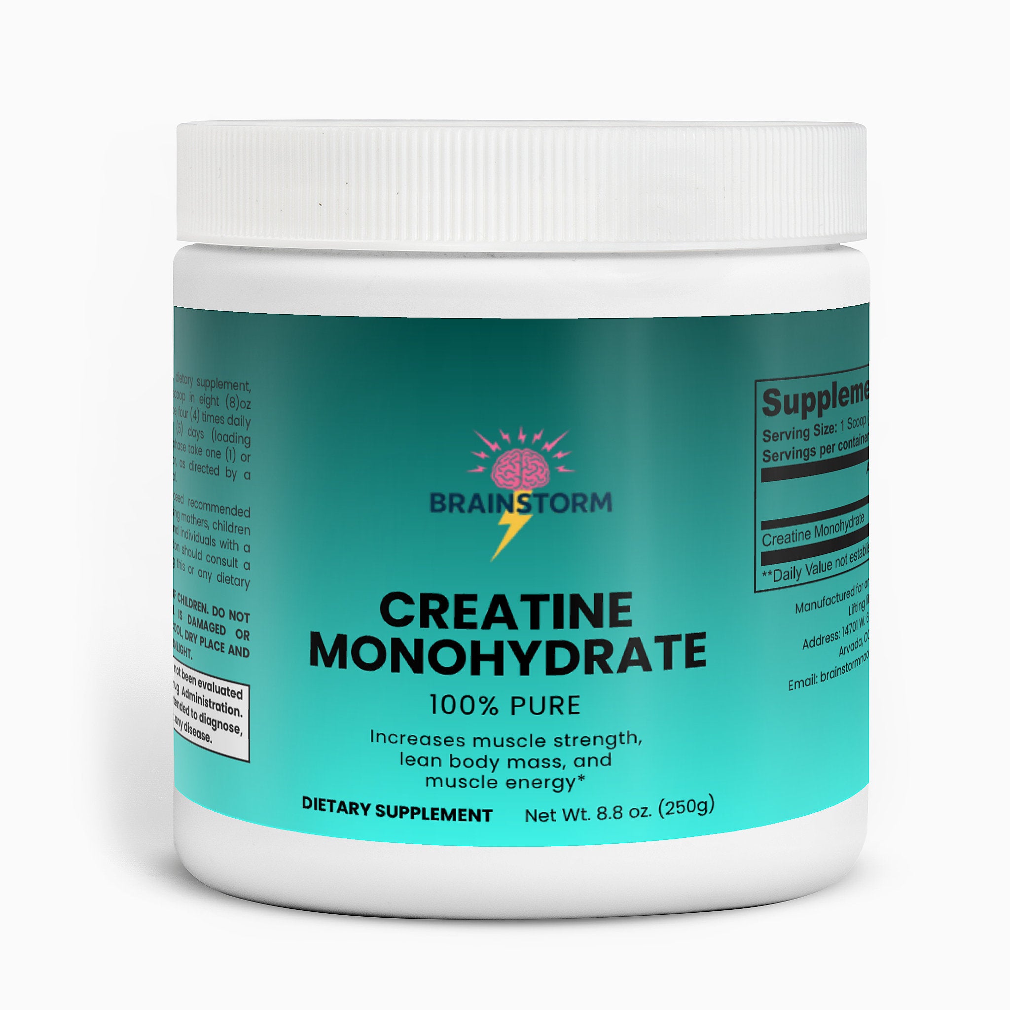 100% pure Creatine Monohydrate Supplement container from Brainstorm nootropics with 'increase muscle strength, lean body mass and muscle energy' on a white background