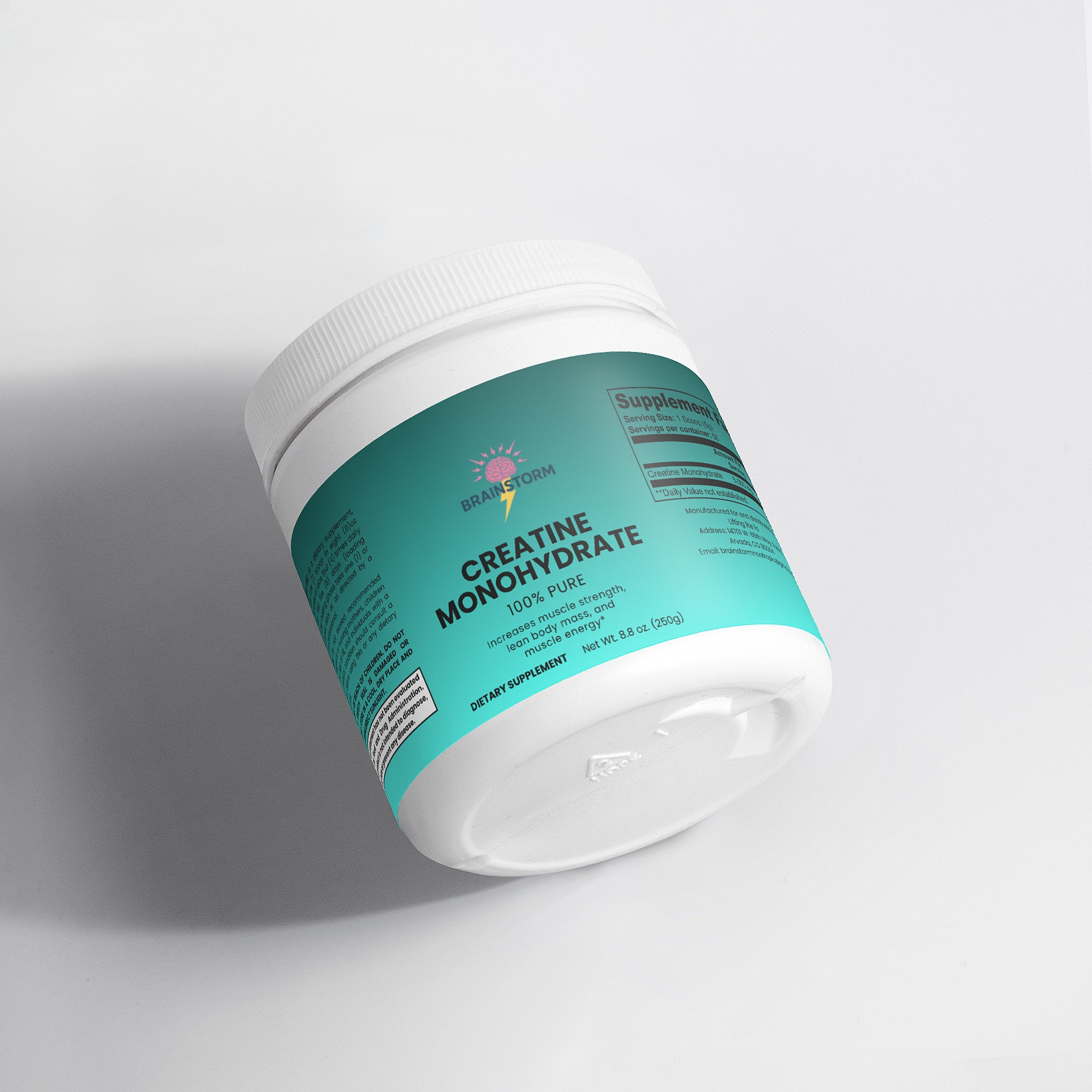 100% pure Creatine Monohydrate Supplement container from Brainstorm nootropics on a white background