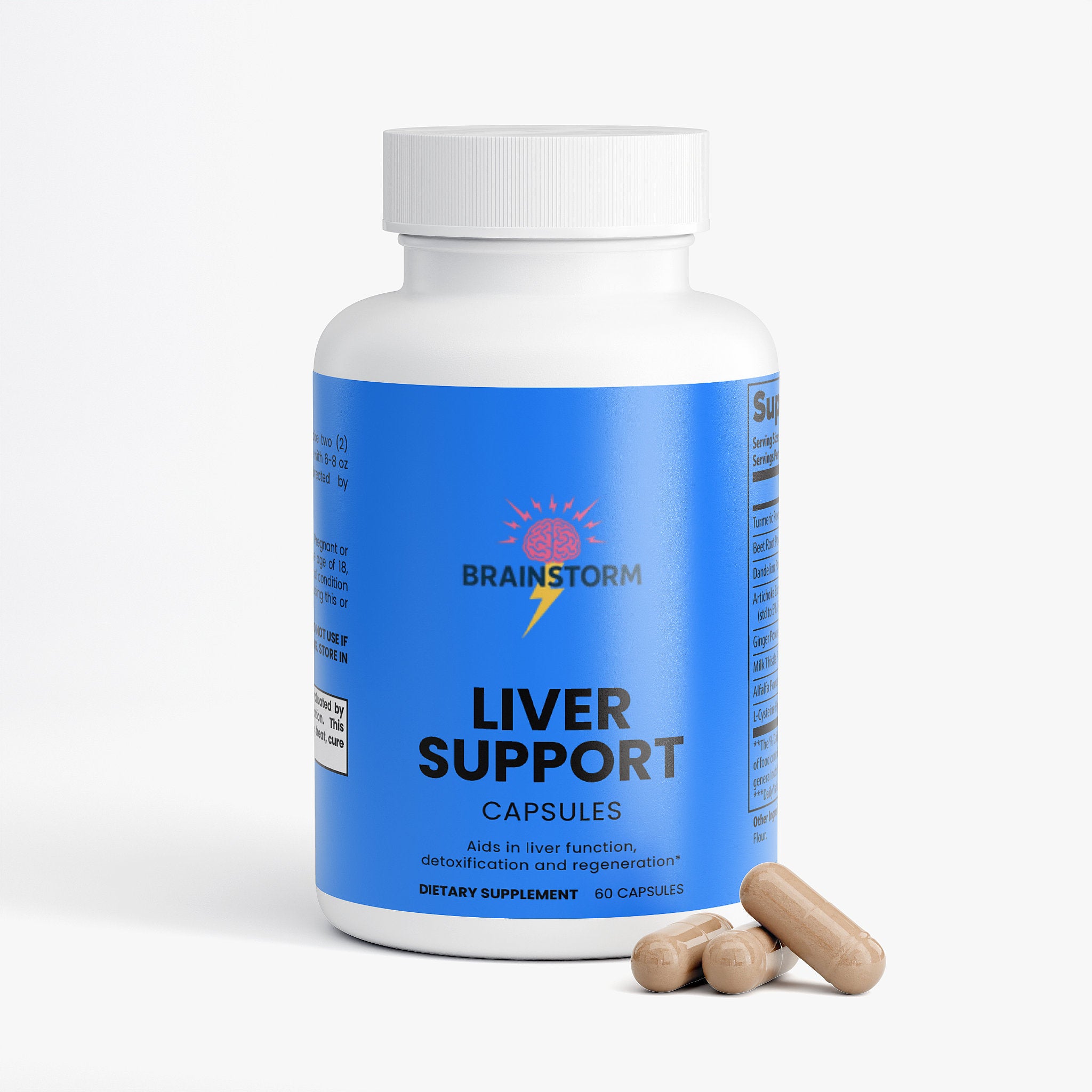 Bottle of Brainstorm Liver Support capsules with two capsules on a white background