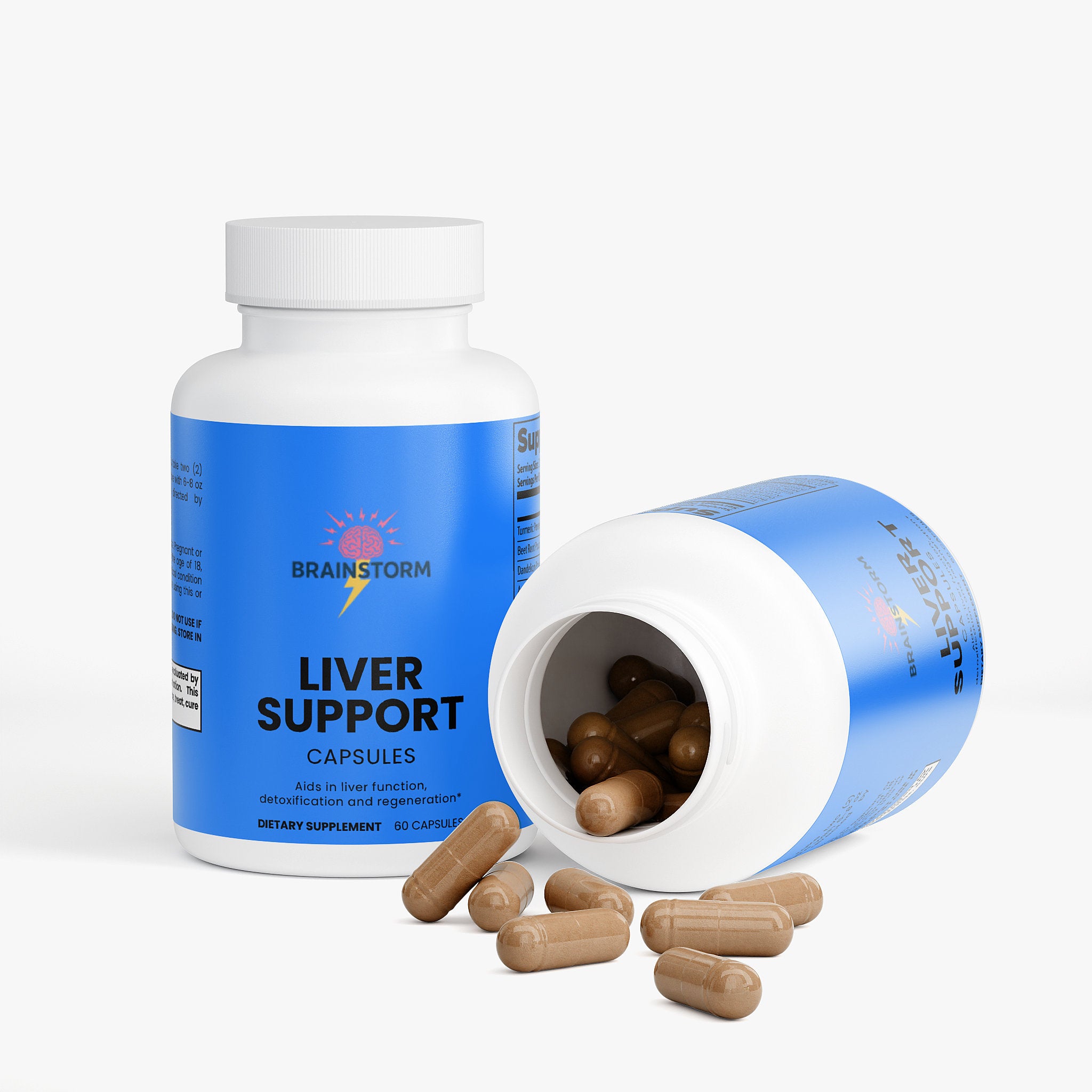 Two Liver support capsules bottles labeled 'Brainstorm' with one tipped over spilling out Liver Support Capsules on a white background