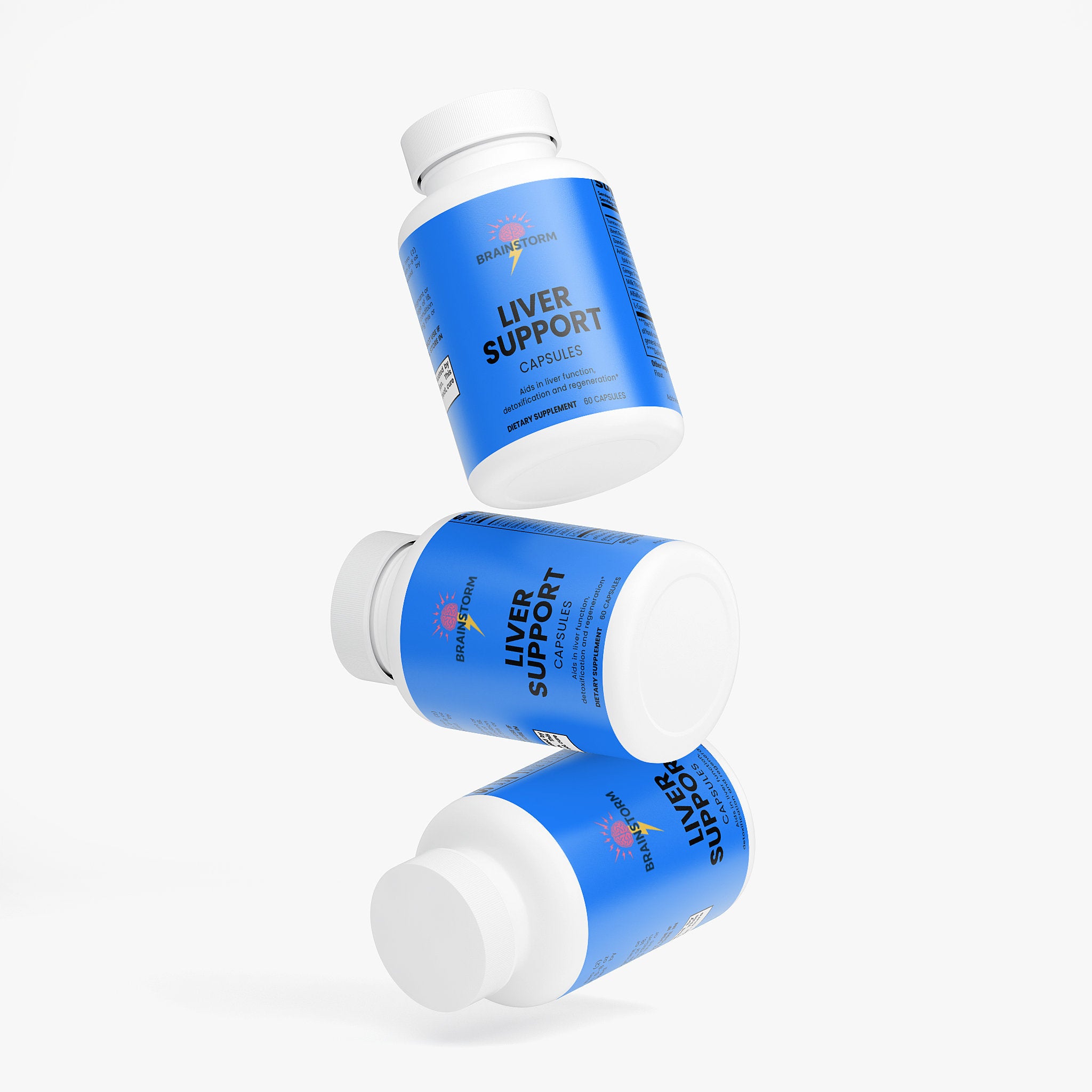 Three bottles of 'Liver Support' capsules on a white background