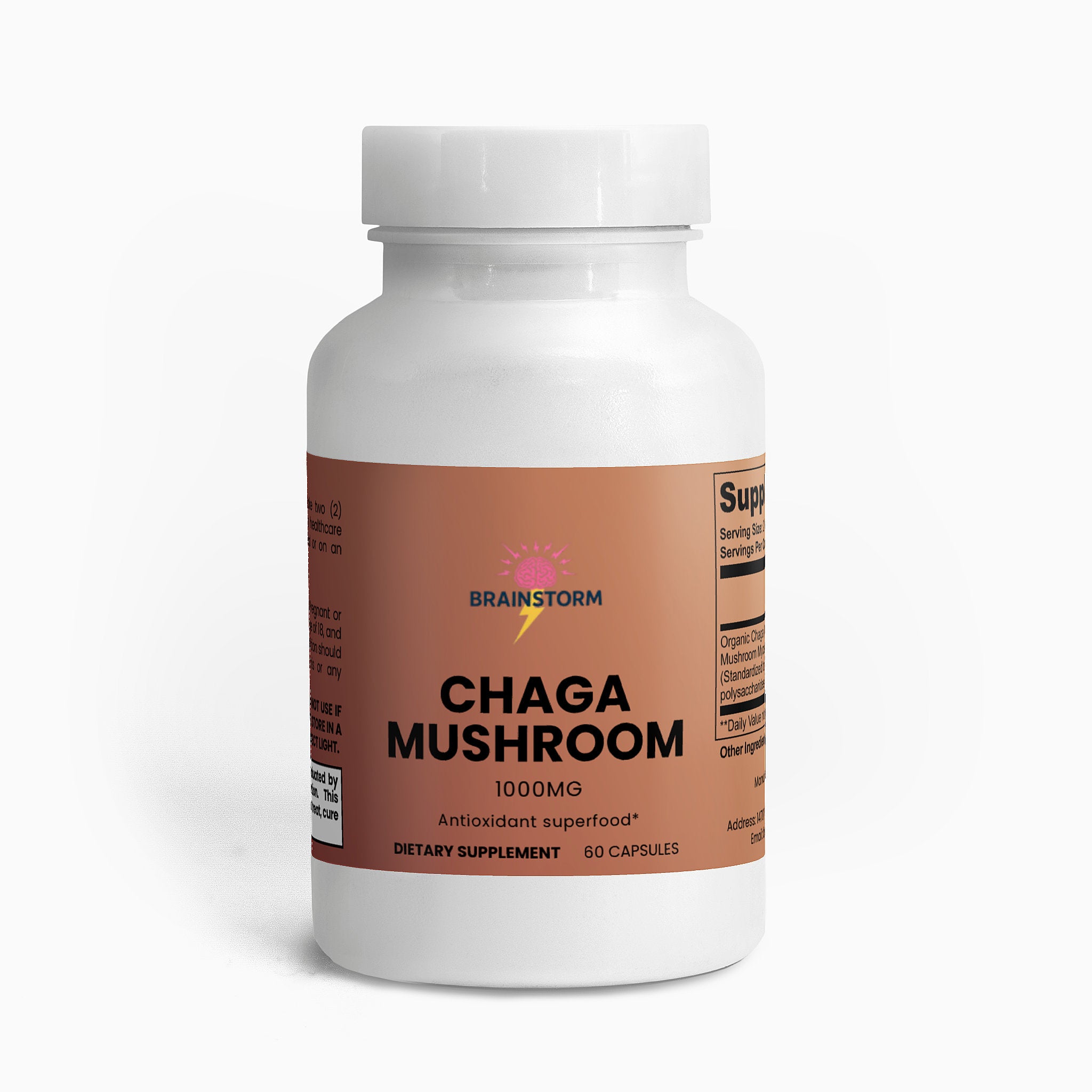 Supplement bottle labeled 'Chaga Mushroom' by Brainstorm with '1000mg' and 'Antioxidant support' on a white background