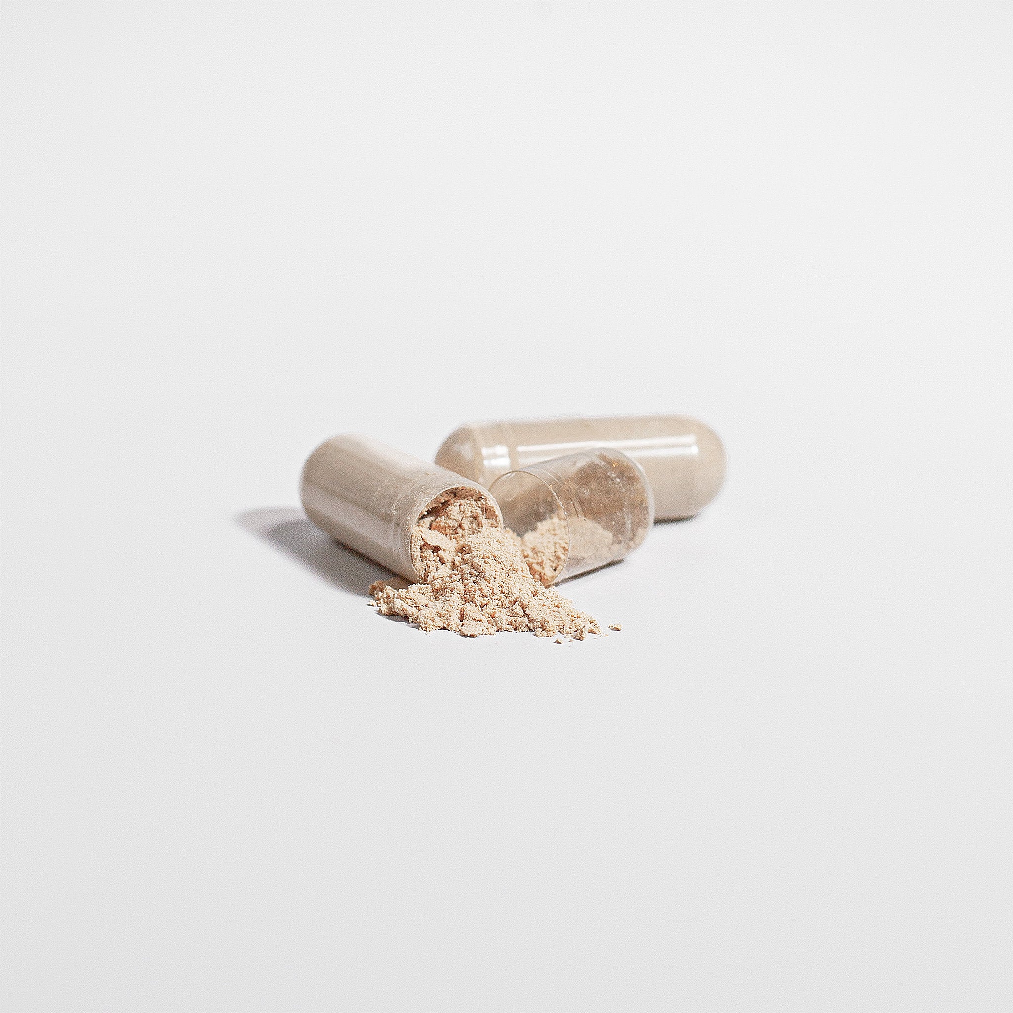 Two open capsules with a powdery Chaga Mushroom Powder on a light gray background