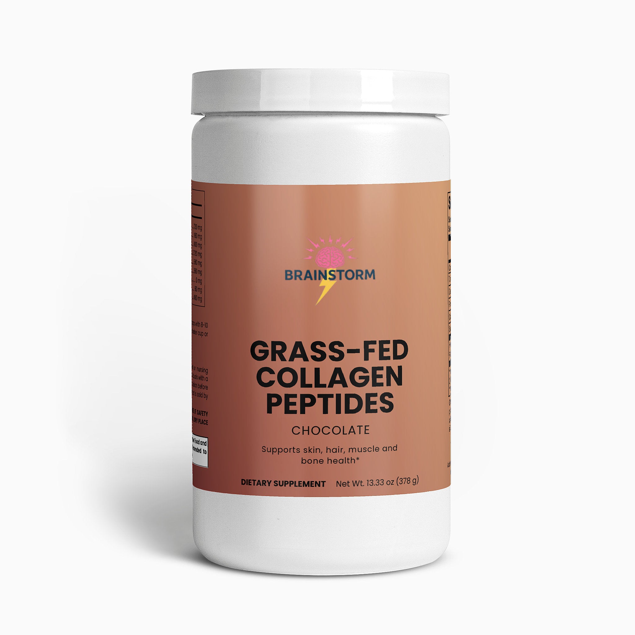 Container of Grass-Fed Collagen Peptides Chocolate Flavor by Brainstorm with 'supports skin, hair, muscle and Bone Health' on a white background 