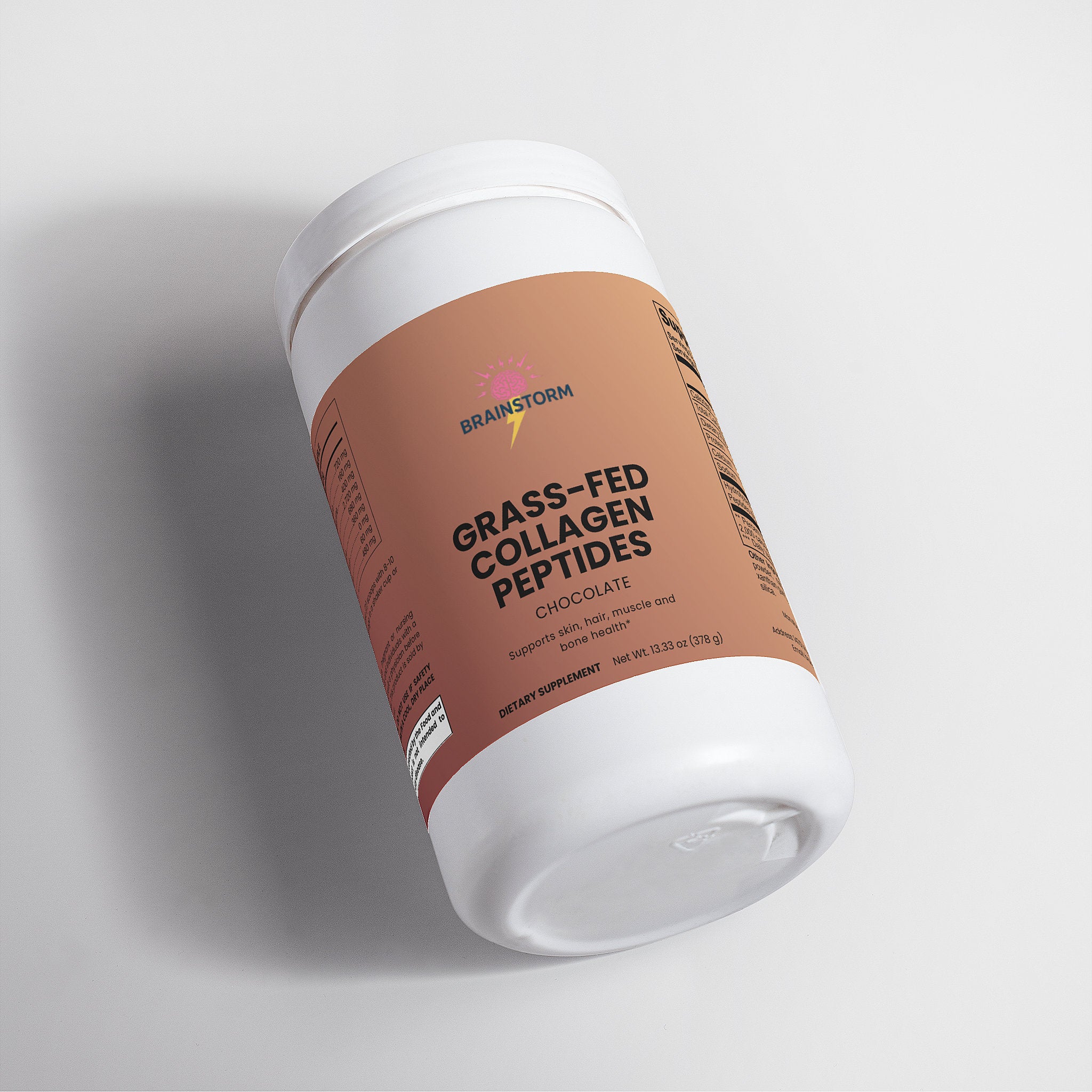 Container of grass-fed collagen peptides with a brown label on a light gray background
