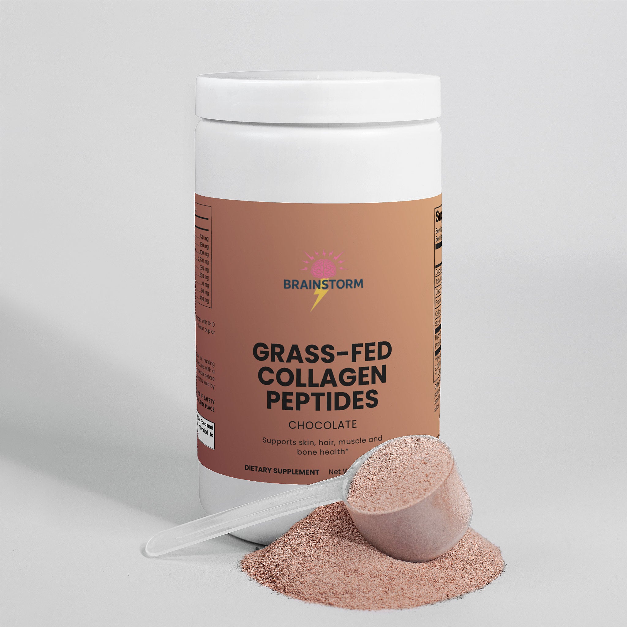 Container of Grass-Fed Collagen Peptides Chocolate Flavor by Brainstorm with a scoop of powder on a light gray background