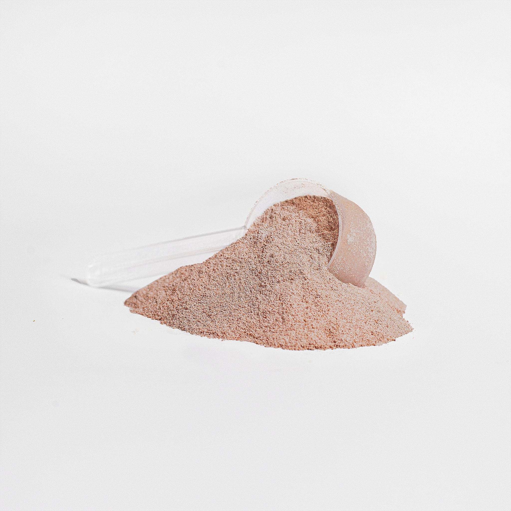 A scoop filled with Grass-Fed Collagen Peptides  powder Chocolate Flavor by Brainstorm on a white background