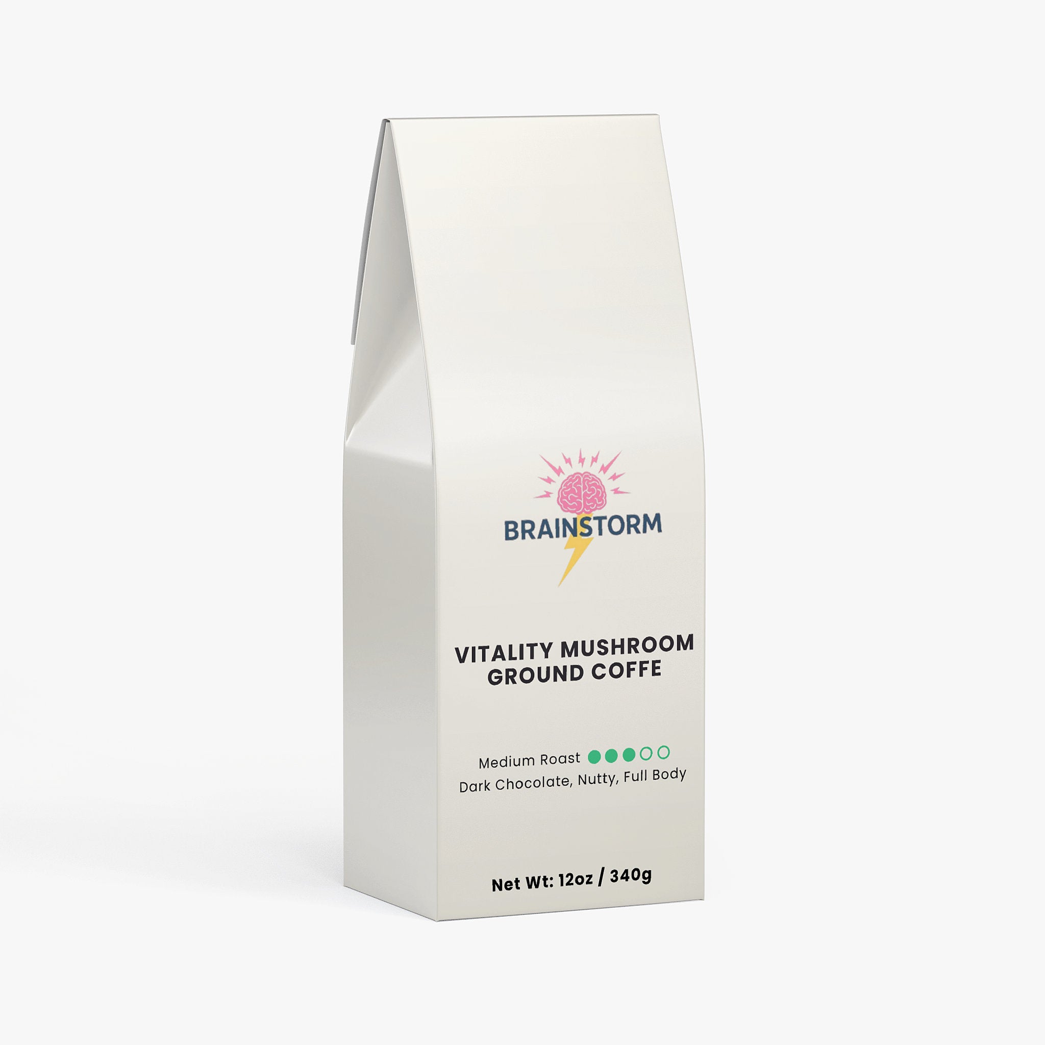 White coffee packaging with 'Brainstorm' branding and "medium Roast' ' Dark chocolate, Nutty, Full body' on a white background net weight 12 oz