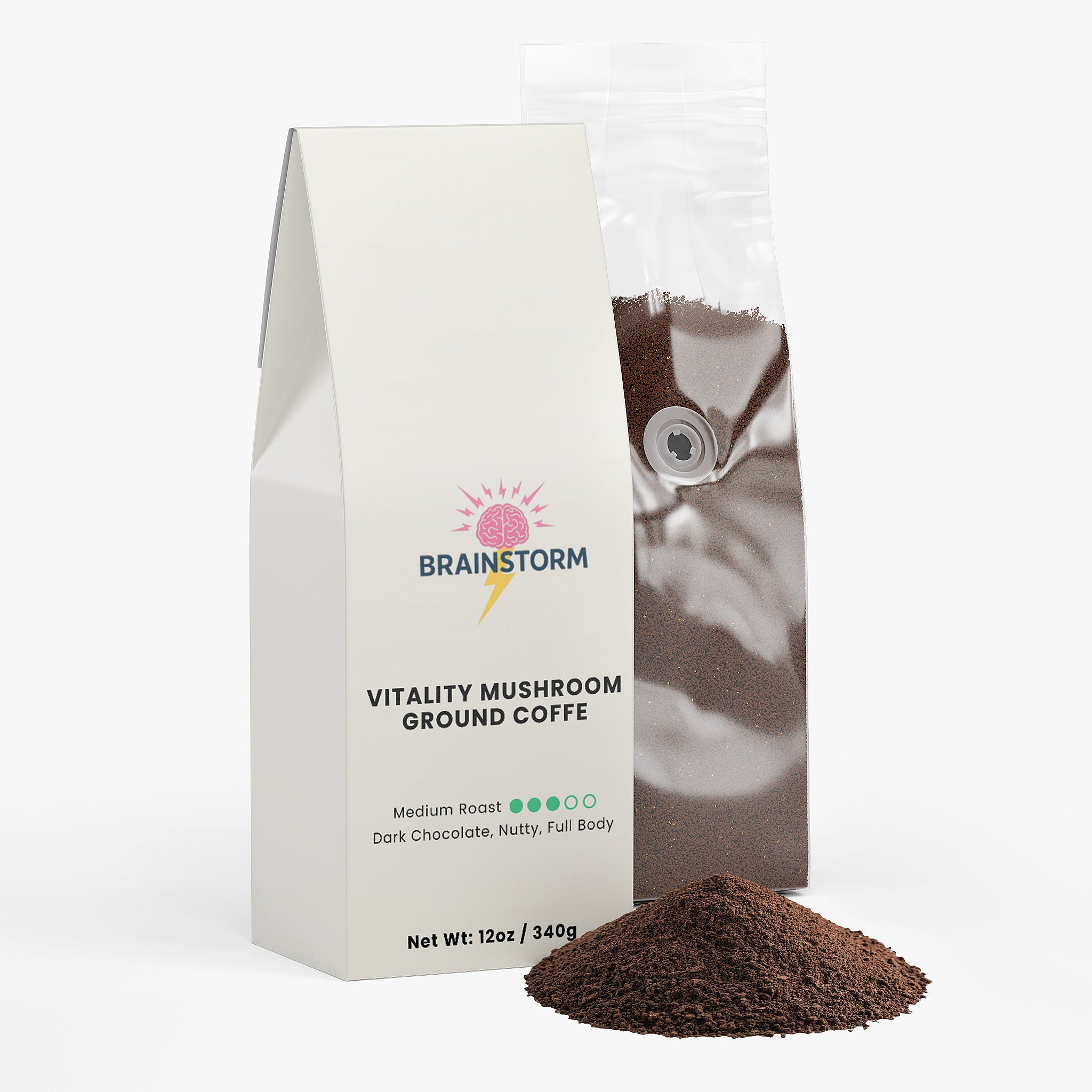 Bag of Brainstorm Vitality Mushroom Ground Coffee with coffee grounds in front