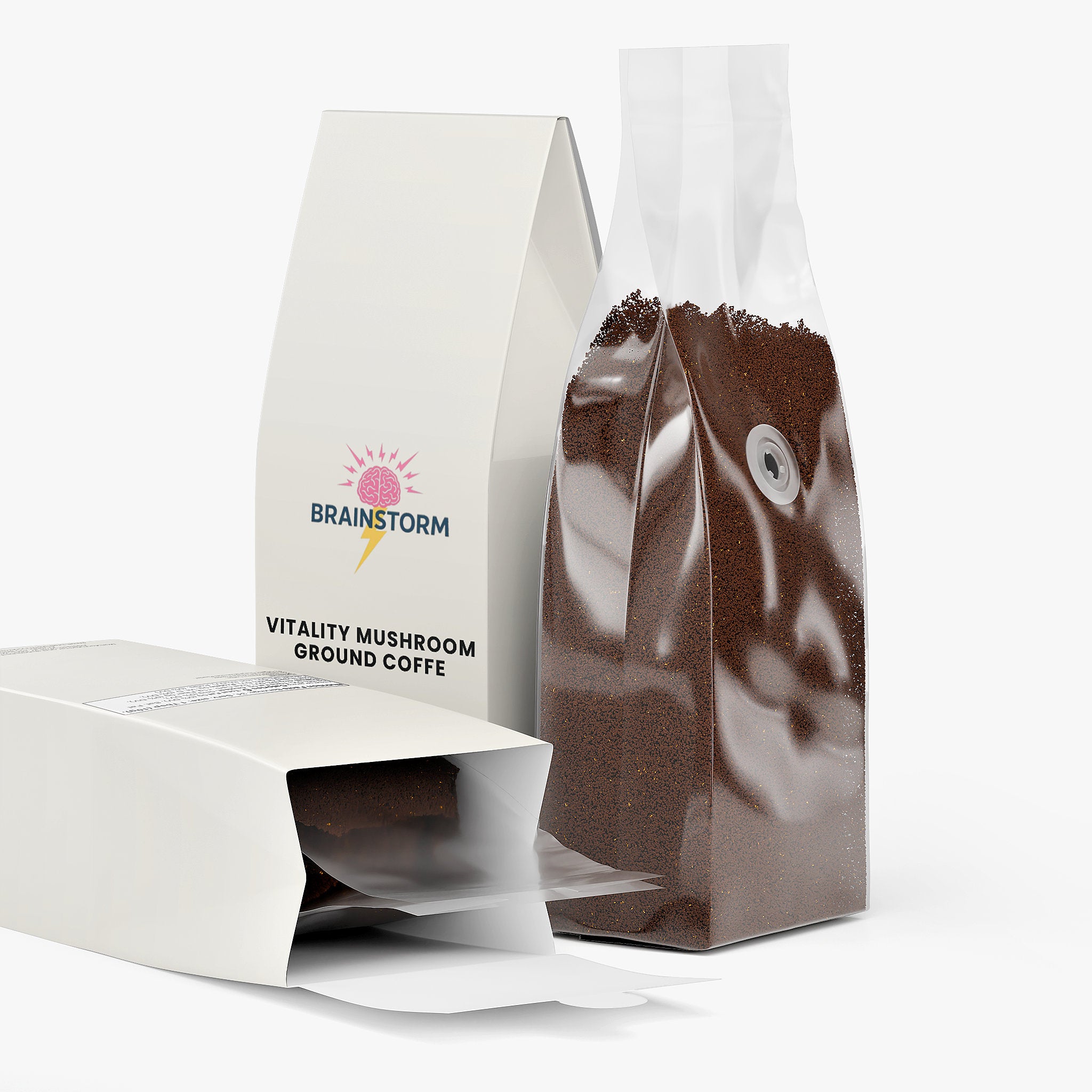 Bag of Brainstorm Vitality Mushroom Ground Coffee on a white background