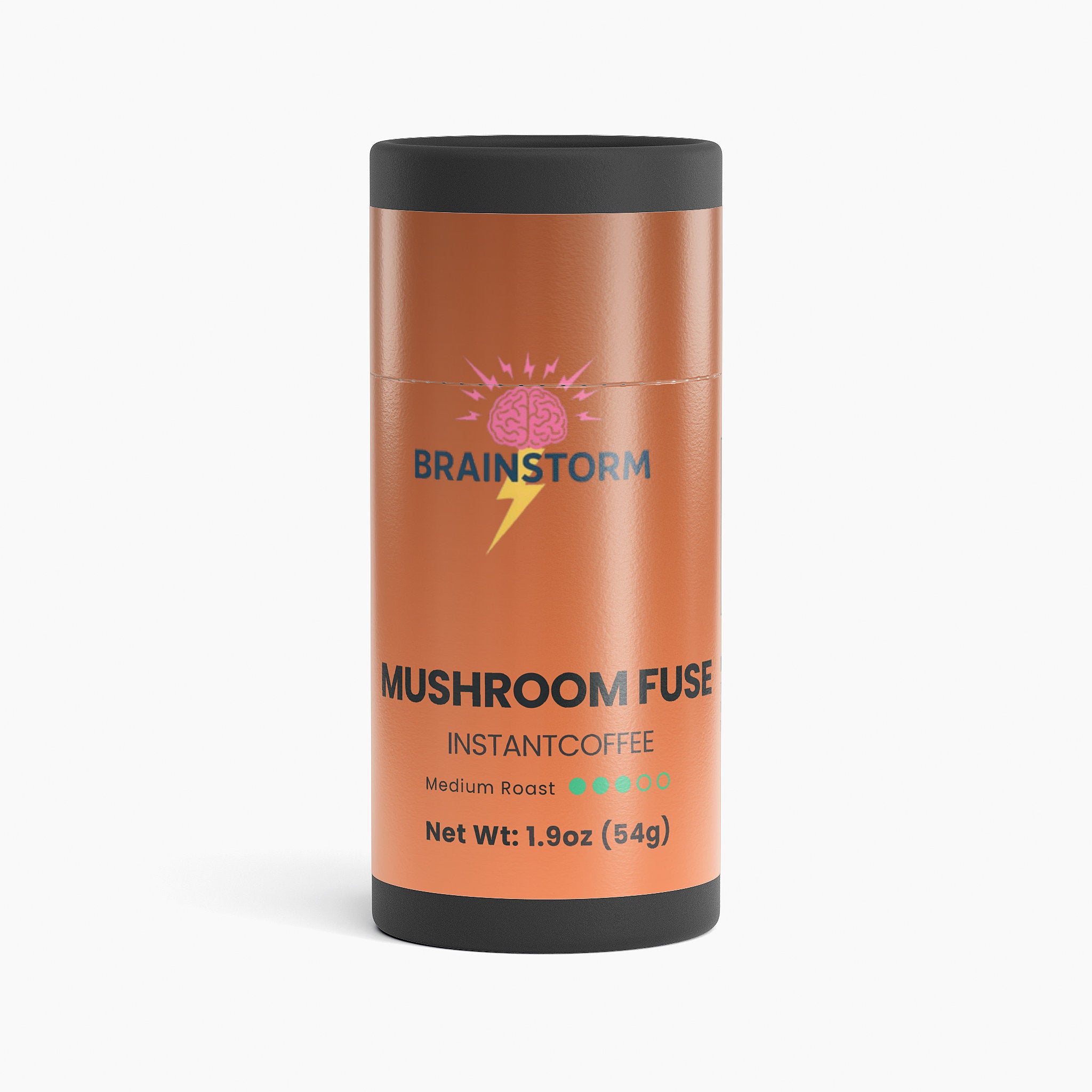 Branding of 'Brainstorm' on a cylindrical container of 'Mushroom Fuse Instant Coffee'. 'Medium Roast'