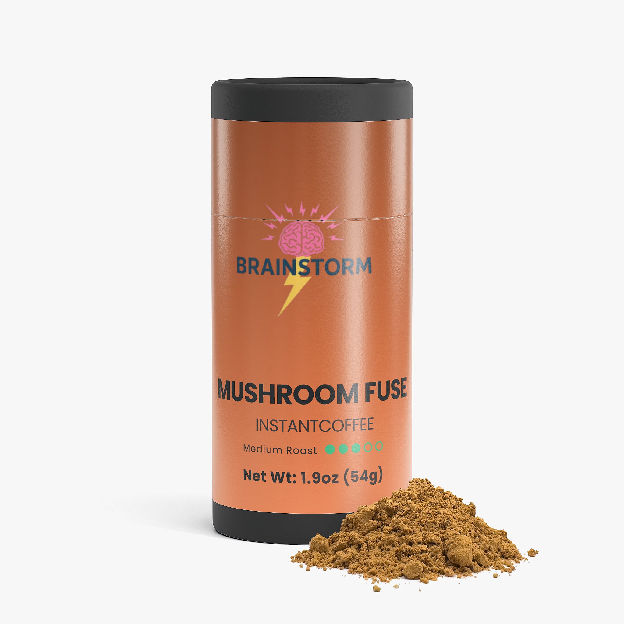 Cylindrical container of 'Mushroom Fuse Instant Coffee' by Brainstorm with a scoop of coffe grounds next to it on a white background