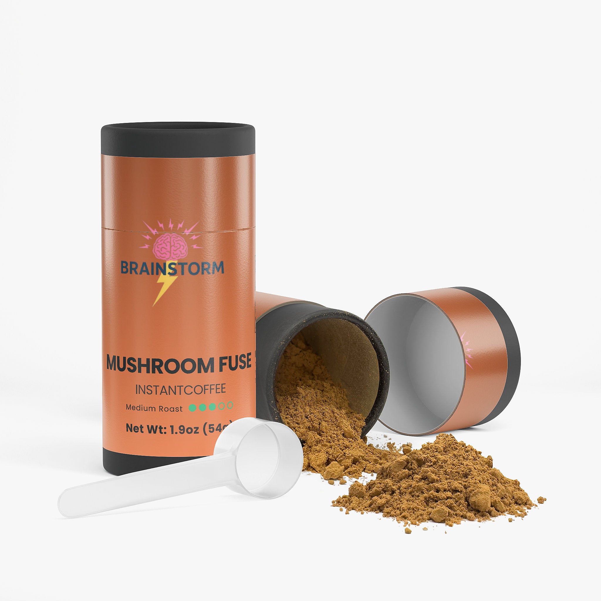 Open container of Brainstorm Mushroom Fuse Instant Coffee with a scoop on a white background