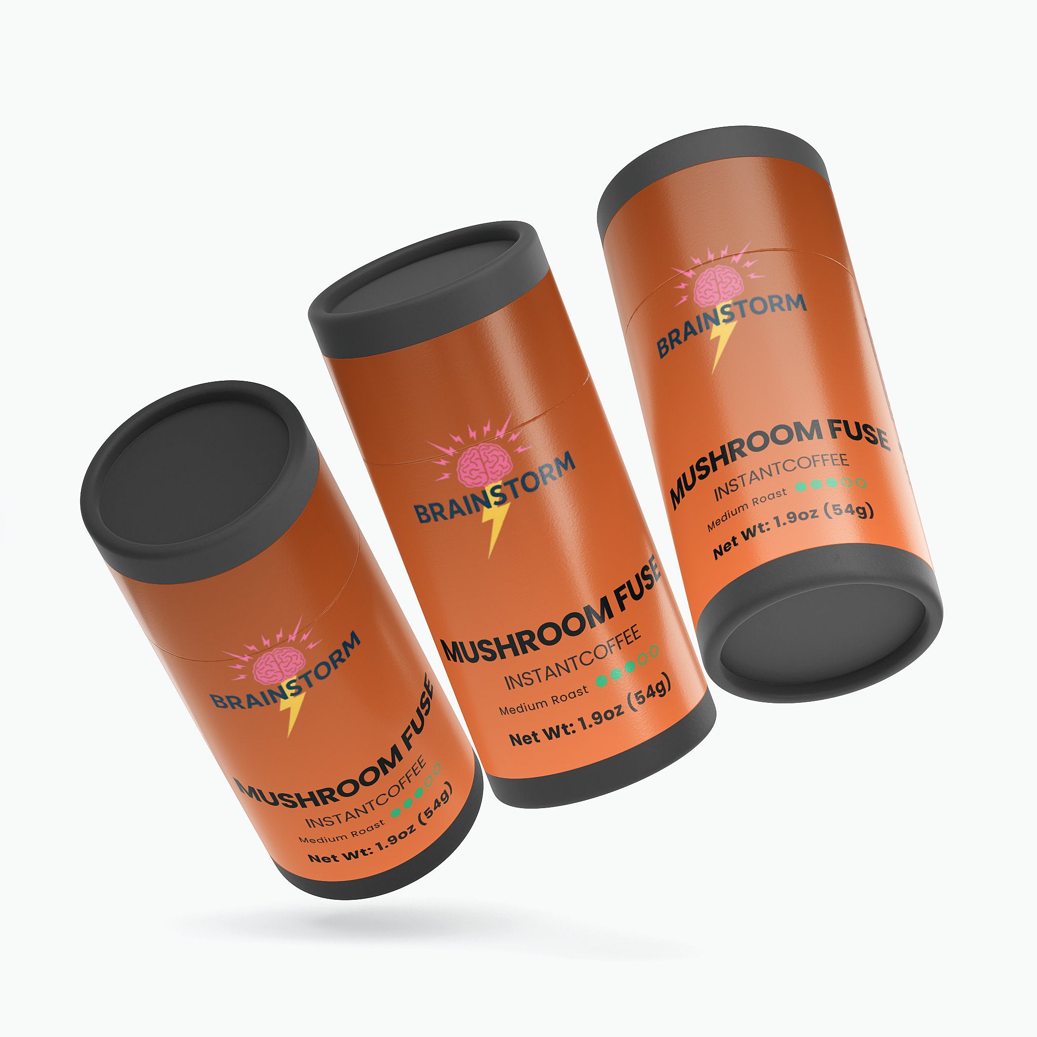 Three orange cylindrical containers labeled 'Brainstorm Mushroom Fuse Instant Coffee' on a white background.