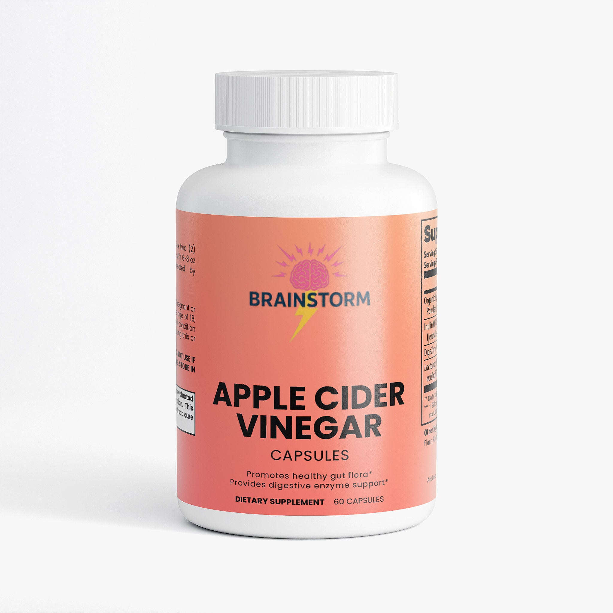 Bottle of Apple Cider Vinegar capsules with 'Brainstorm' branding with 'promotes healthy gut flora' and 'provides digestive enzyme support' on a white background