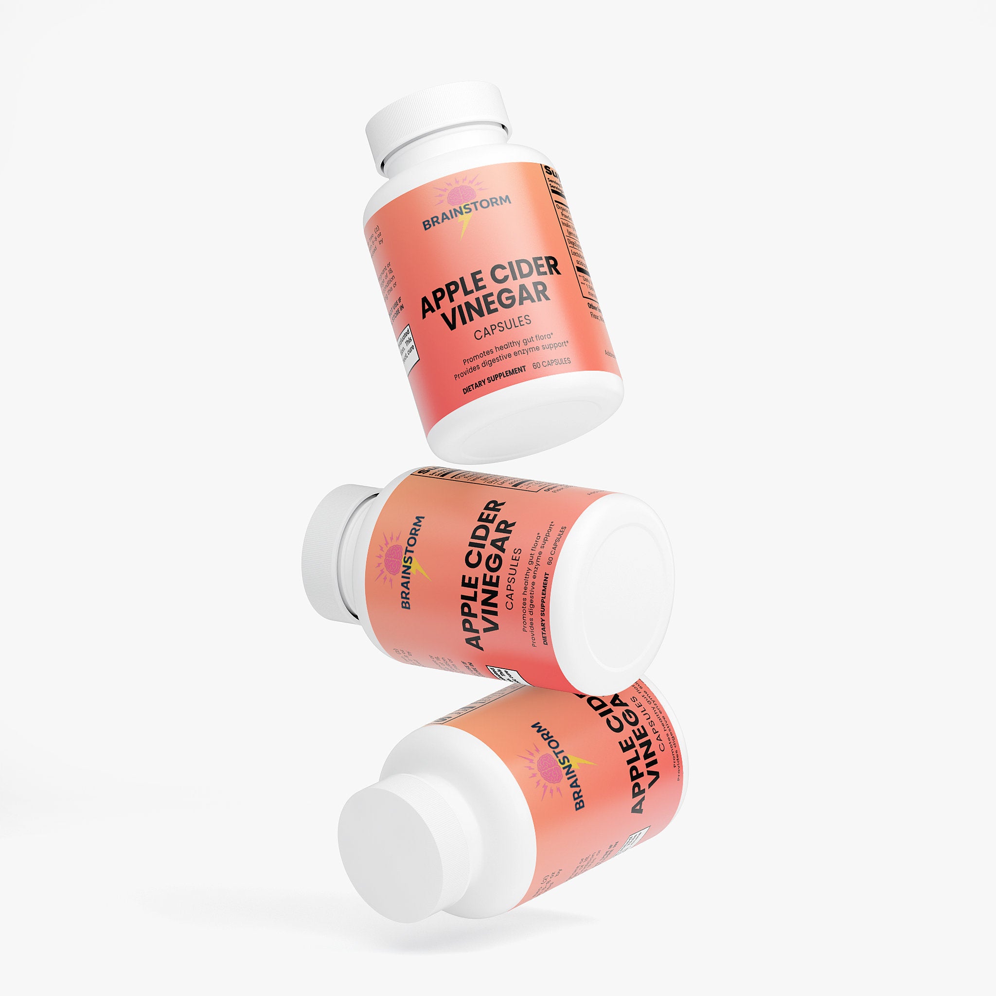 Three bottles of Brainstorm Apple Cider Vinegar capsules on a white background