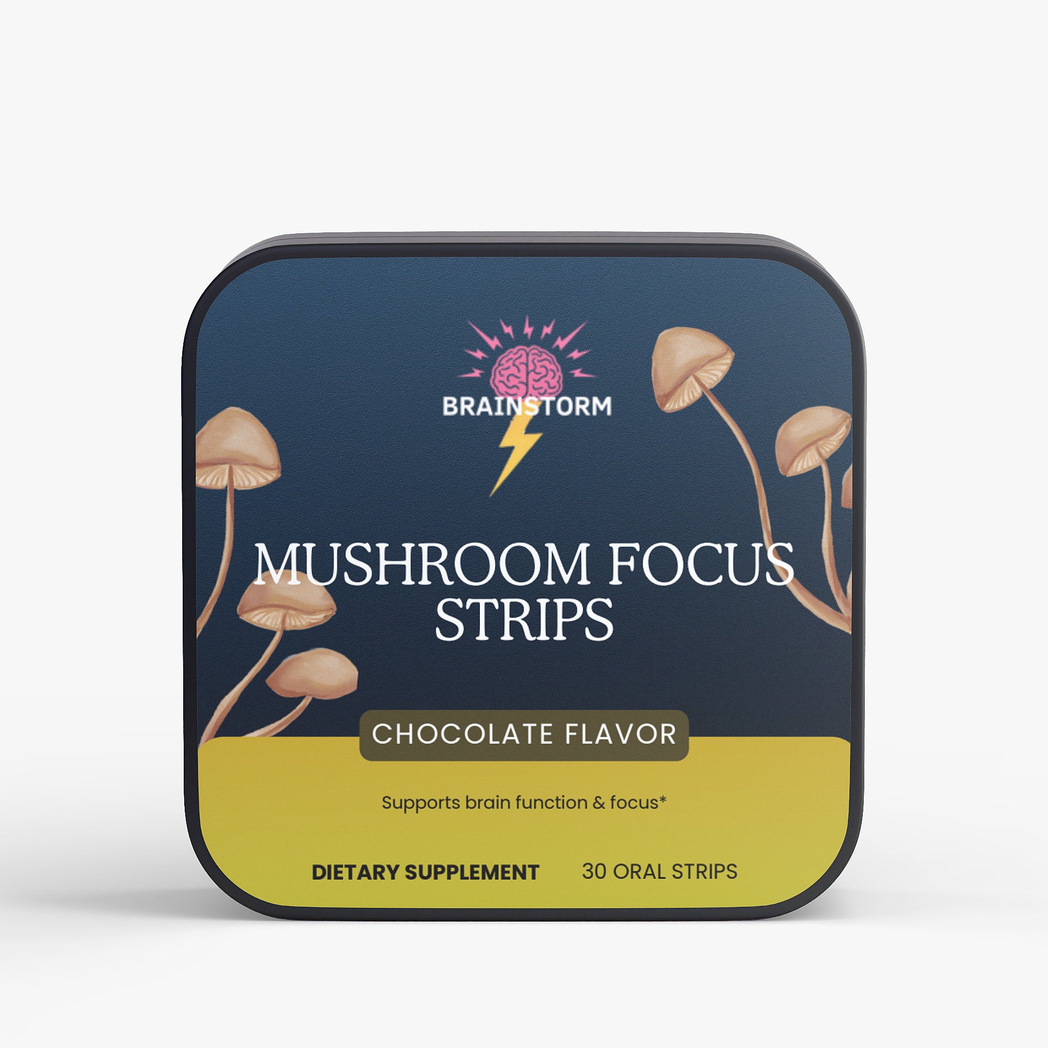 Tin of Chocolate Flavor Mushroom Focus Strips with Brainstorm Nootropic branding with 'Supports brain function and focus' designed to provide you focus when you need it on a white background
