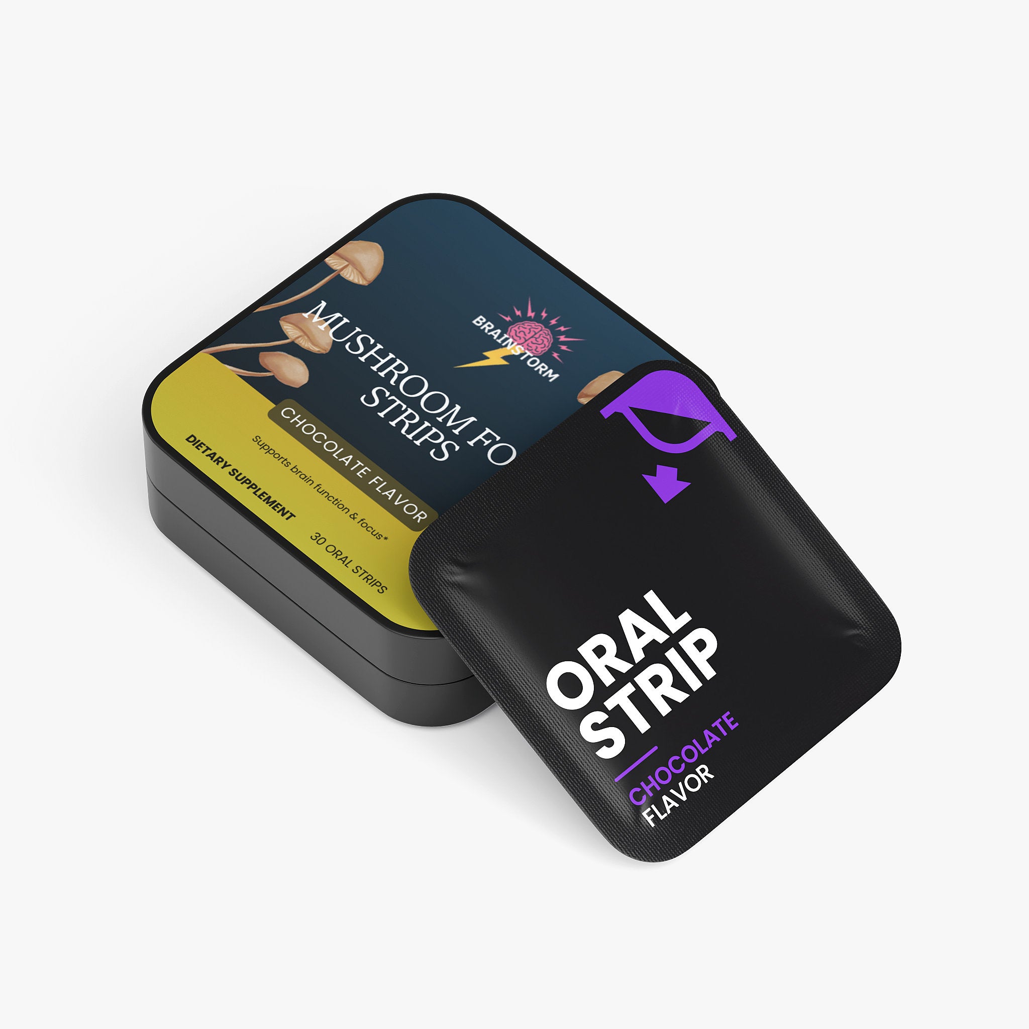 Mushroom focus strip packaging with chocolate flavor 'Oral Strip'  on a white background