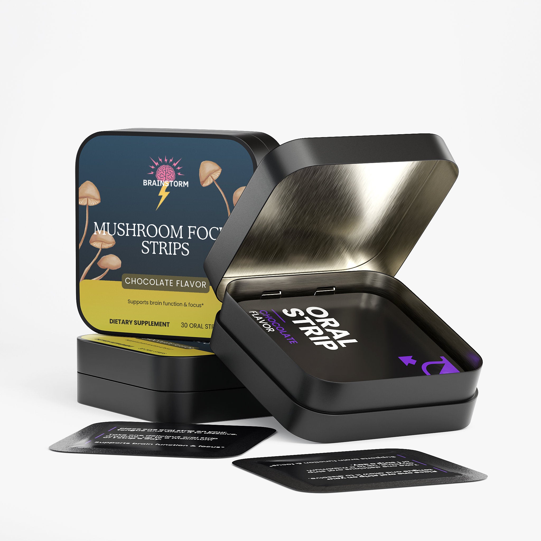 Black tin container with 'Oral Strip' and sleek mushroom design packaging featuring mushroom focus strips by Brainstorm on a white background.