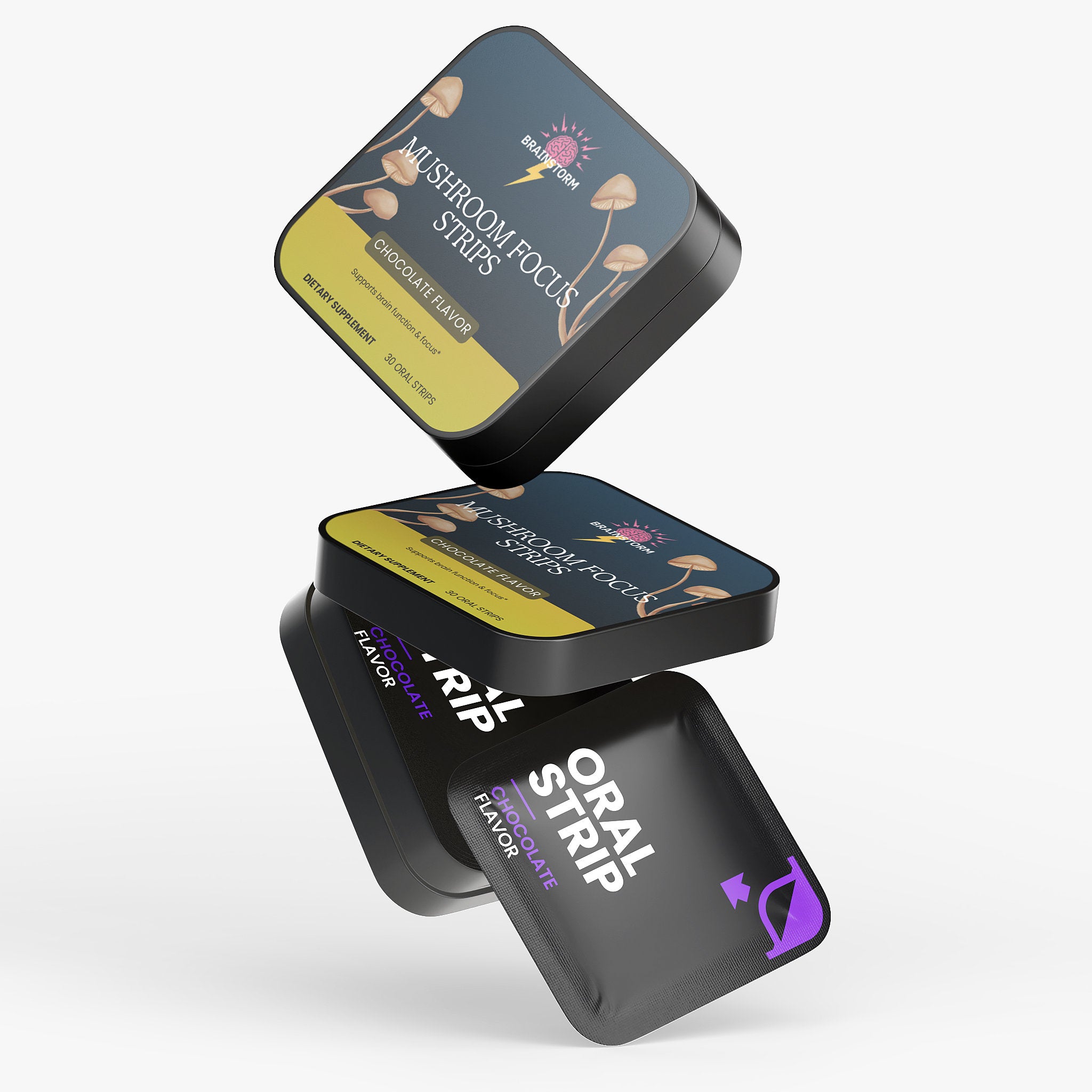Two containers of 'Mushroom Focus strips' and 'ORAL STRIP' on a white background