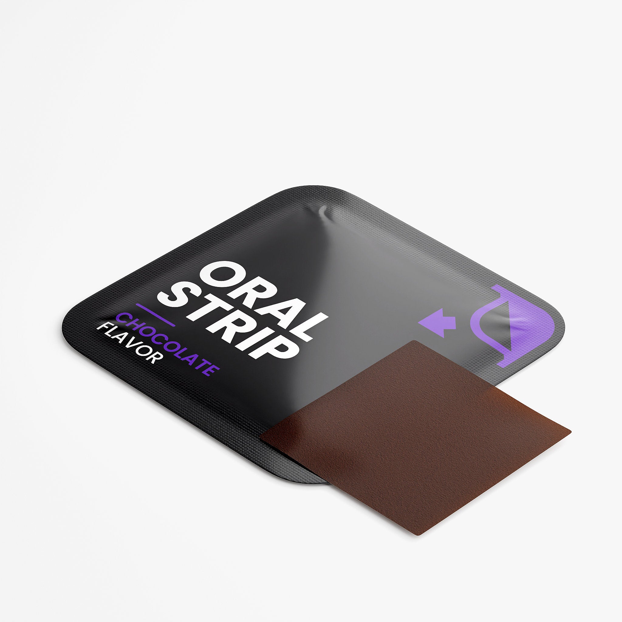 Chocolate flavored oral strip packaging with brown Strip on a white background