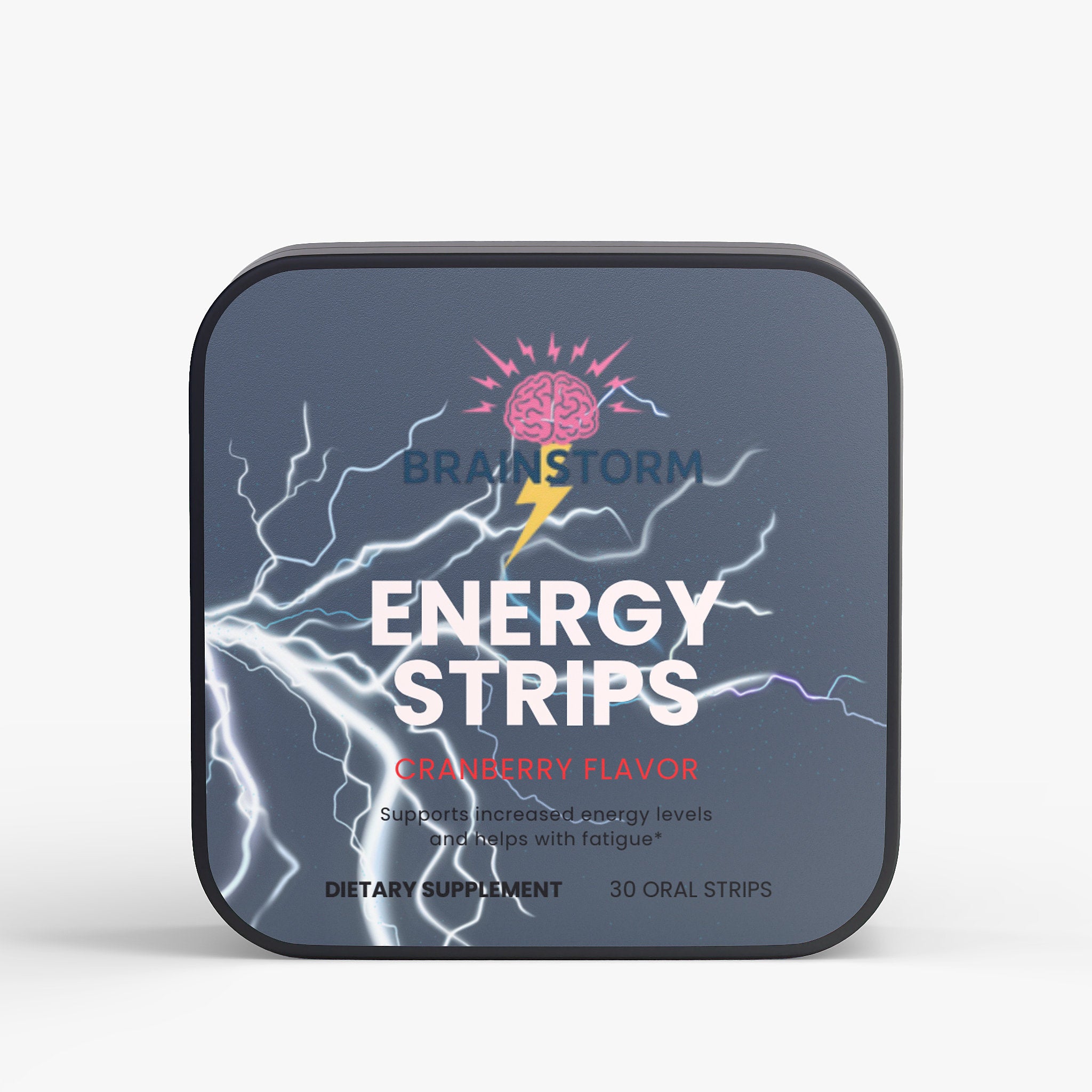 Tin of Brainstorm Energy Strips with brainstorm branding and lightning bolt going across the packaging with 'Cranberry Flavor' and 'Supports increased energy levels and helps with fatigue' on a white background