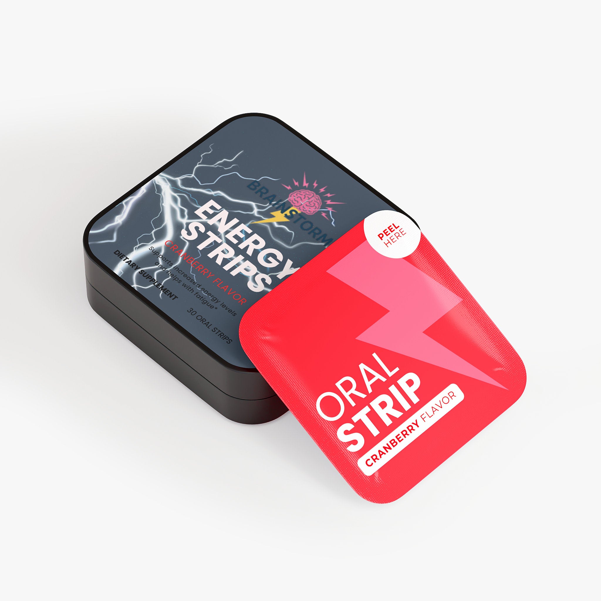 Brainstorm Nootropic Energy strips with cranberry flavor oral strip on the side on a white background 
