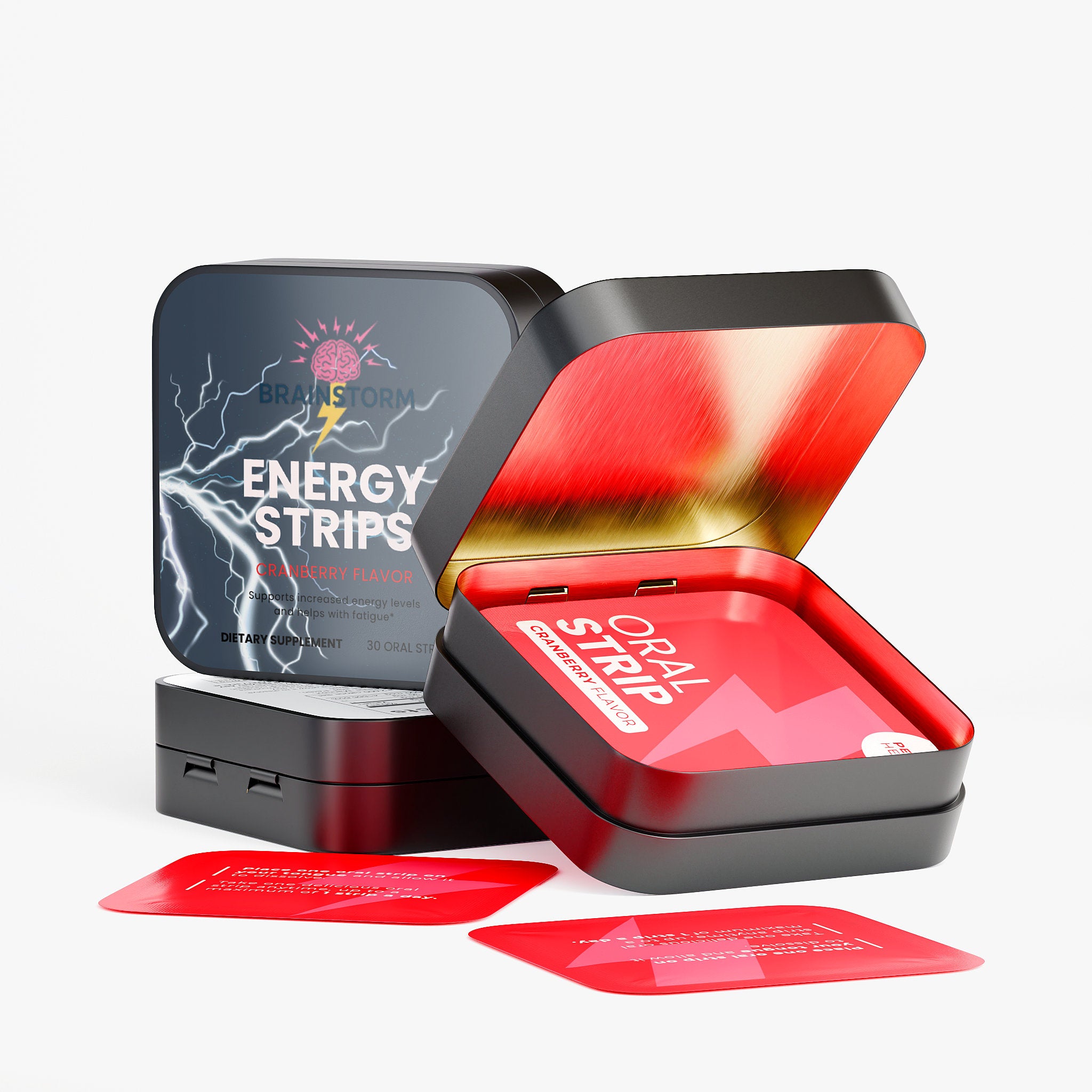 Energy Strips by Brainstorm with Lighting strike across the tin with 'Oral Strip' packaging on a white background 