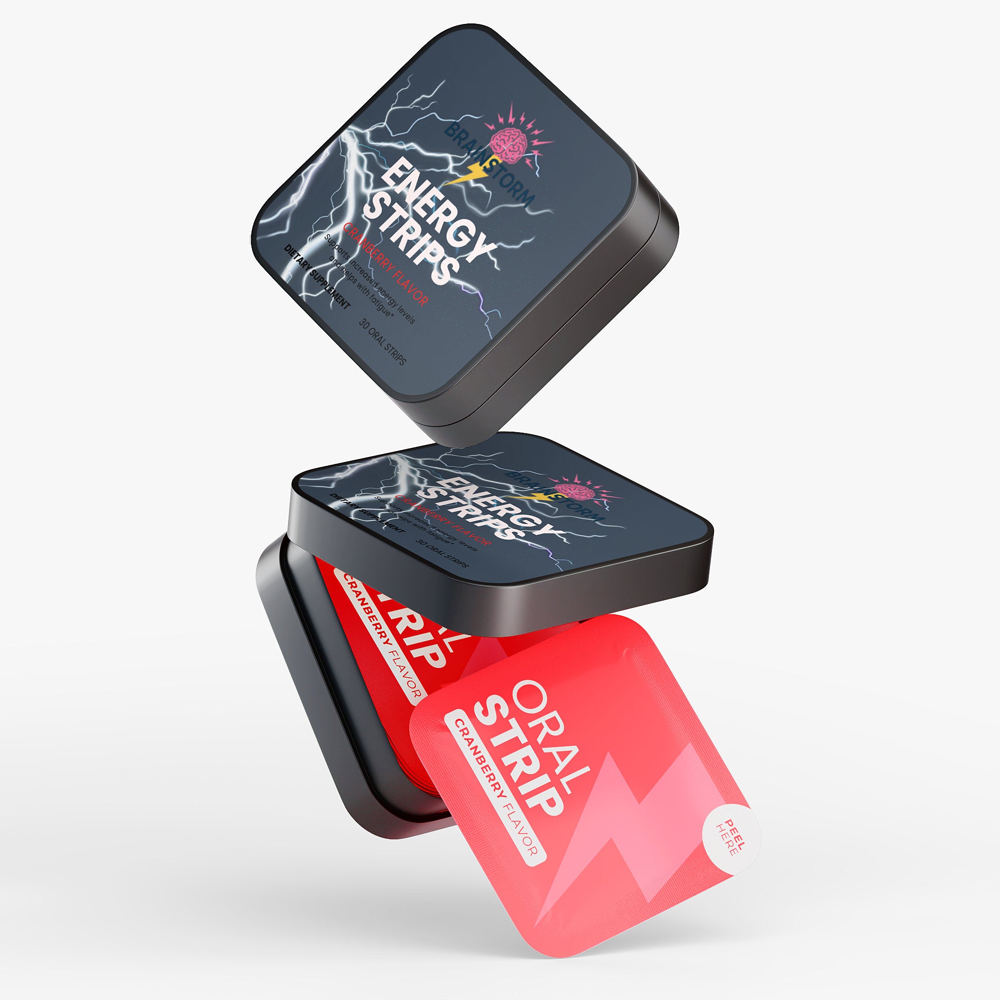 Two containers of 'Energy Strips' with one open showing a red oral strip on a white background